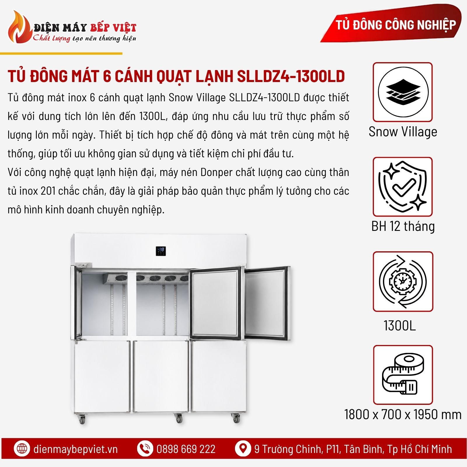 Tủ Đông Mát Inox 6 Cánh Quạt Lạnh Snow Village SLLDZ4-1300LD