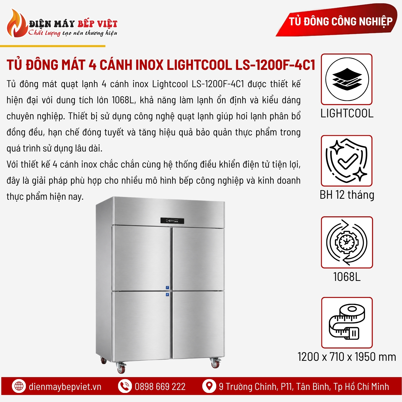 Tủ Đông Mát Quạt Lạnh 4 Cánh Inox Lightcool LS-1200F-4C1
