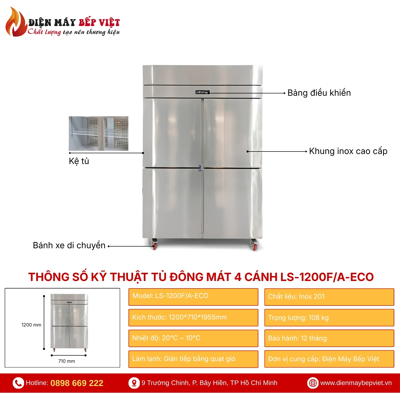Tủ Đông Mát Quạt Lạnh 4 Cánh Inox Lightcool LS-1200F/A-ECO