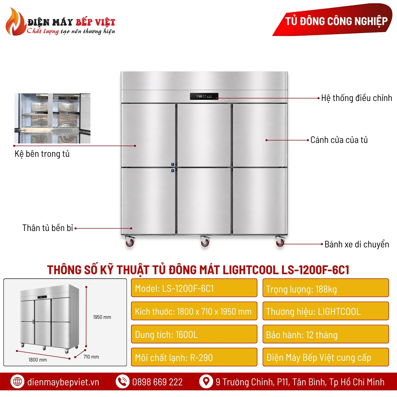 Tủ Đông Mát Quạt Lạnh 6 Cánh Inox Lightcool LS-1200F-6C1