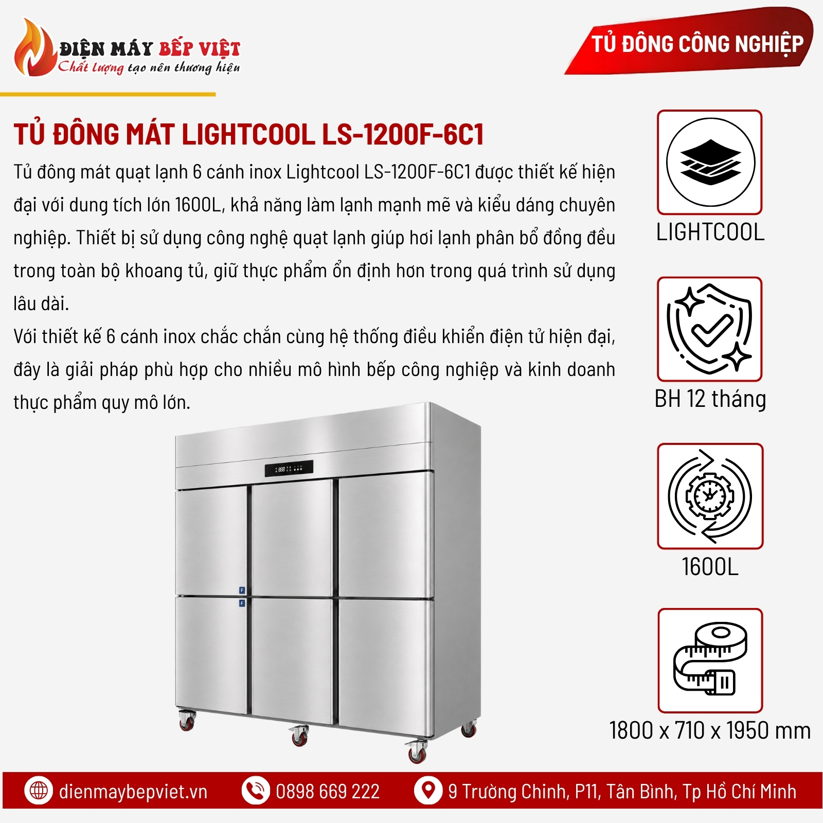Tủ Đông Mát Quạt Lạnh 6 Cánh Inox Lightcool LS-1200F-6C1