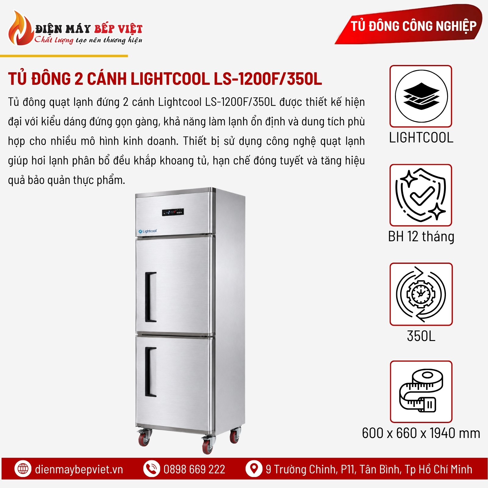 Tủ Đông Quạt Lạnh Đứng 2 Cánh Lightcool LS-1200F/350L