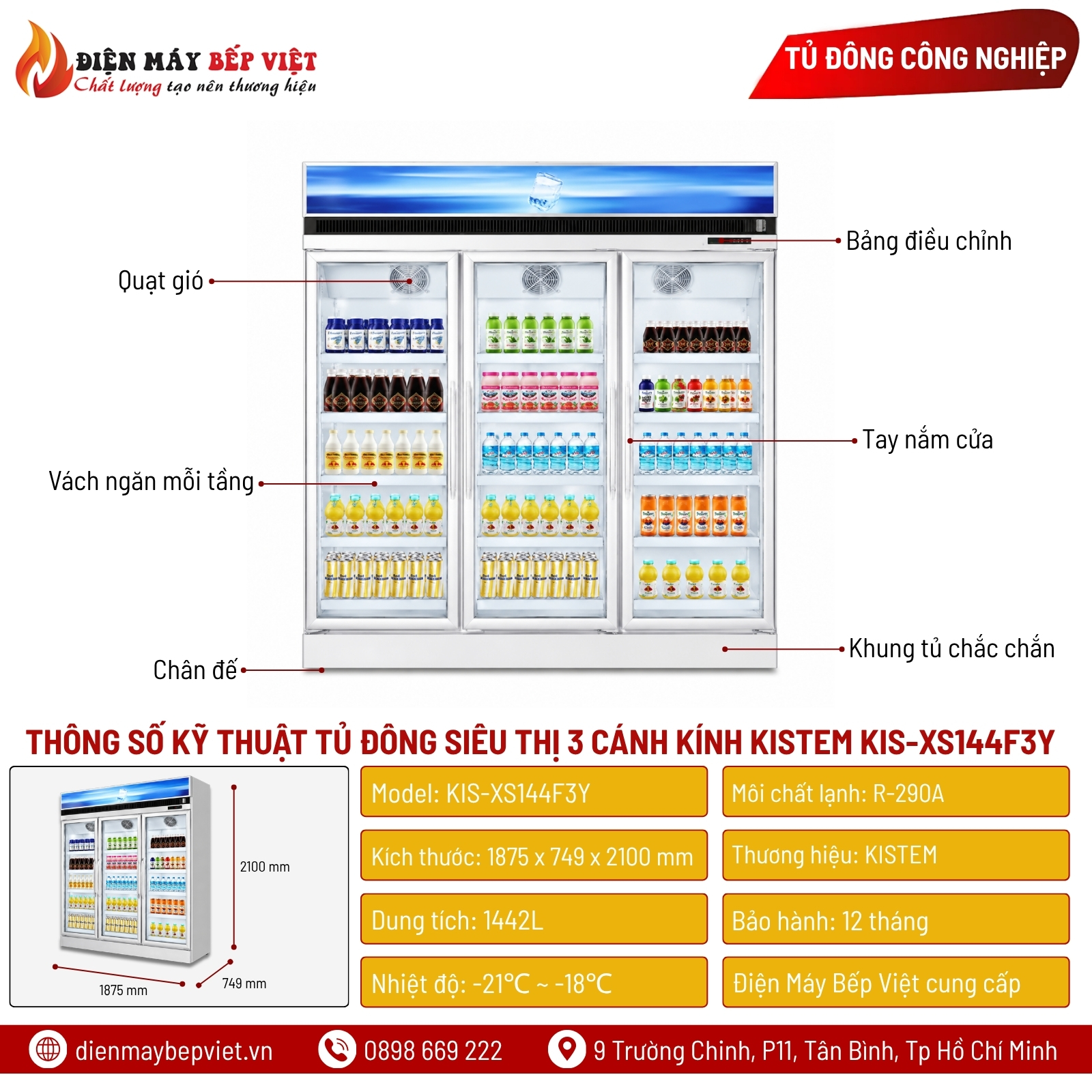 Tủ Đông Siêu Thị 3 Cánh Kính Kistem KIS-XS144F3Y