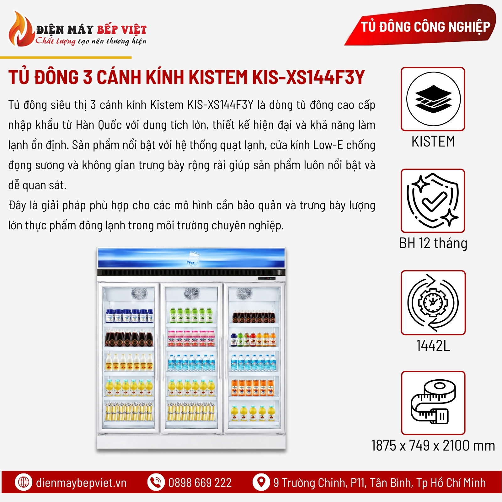 Tủ Đông Siêu Thị 3 Cánh Kính Kistem KIS-XS144F3Y