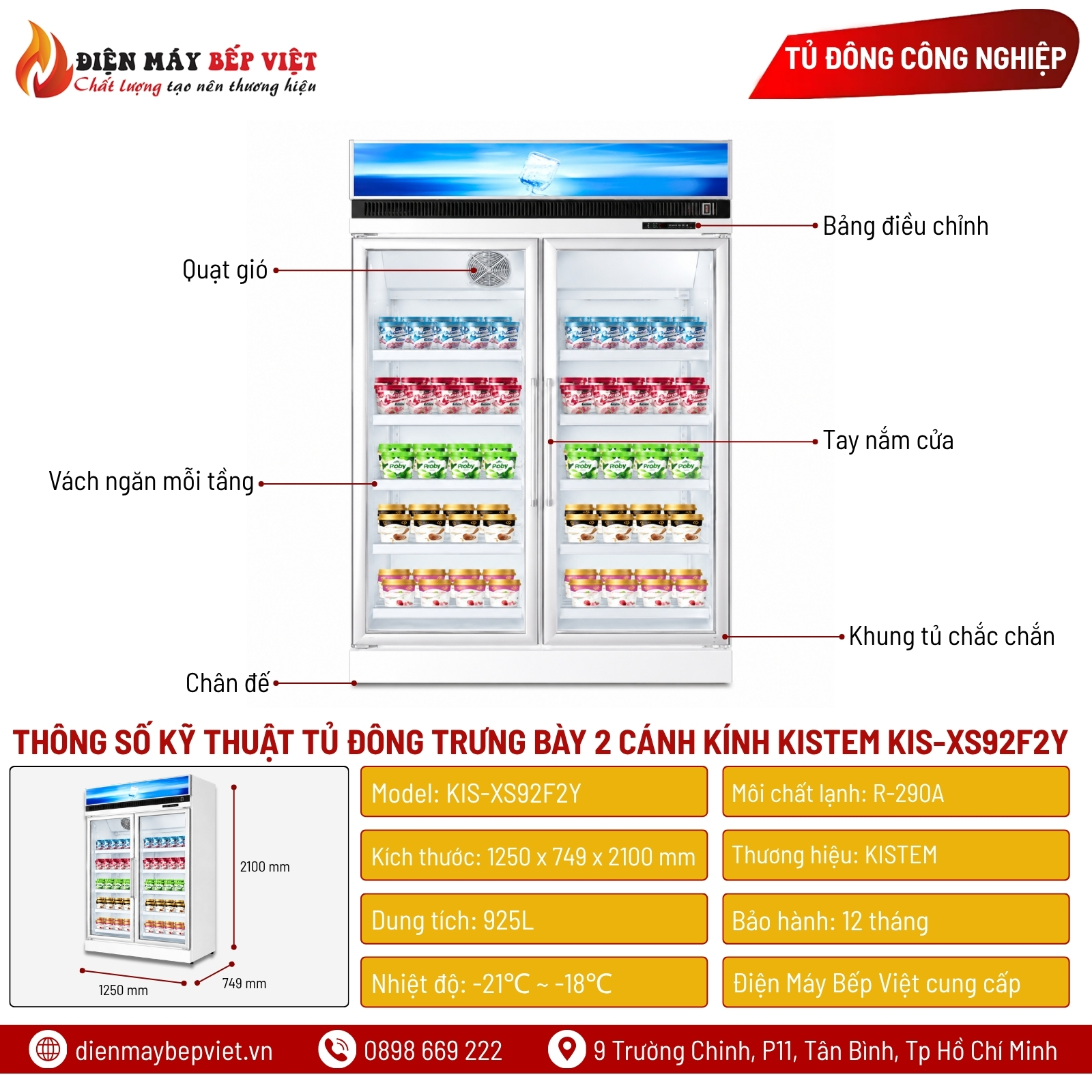 Tủ Đông Trưng Bày 2 Cánh Kính Kistem KIS-XS92F2Y