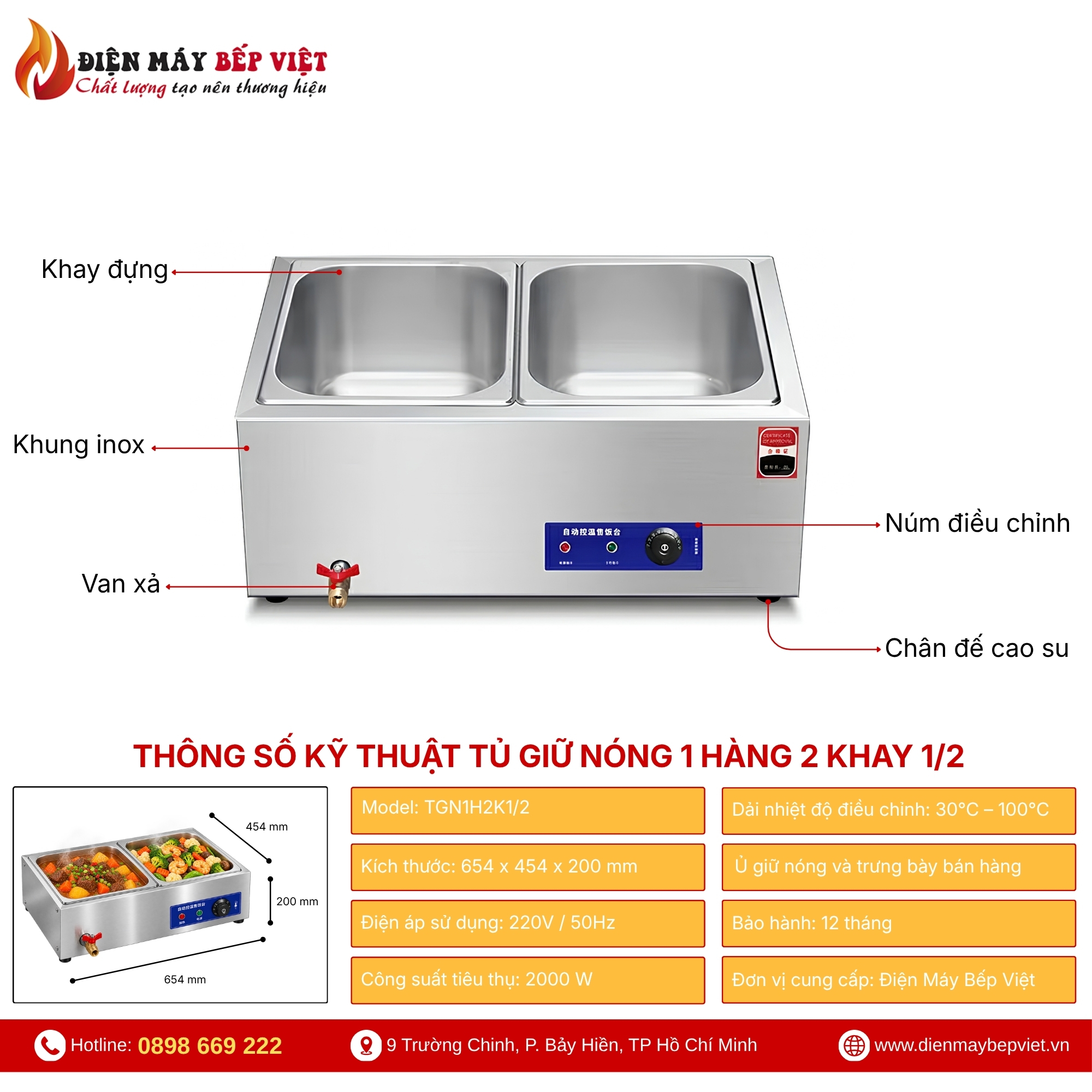 Tủ Giữ Nóng Thức Ăn Để Bàn 1 Hàng 2 Khay 1/2