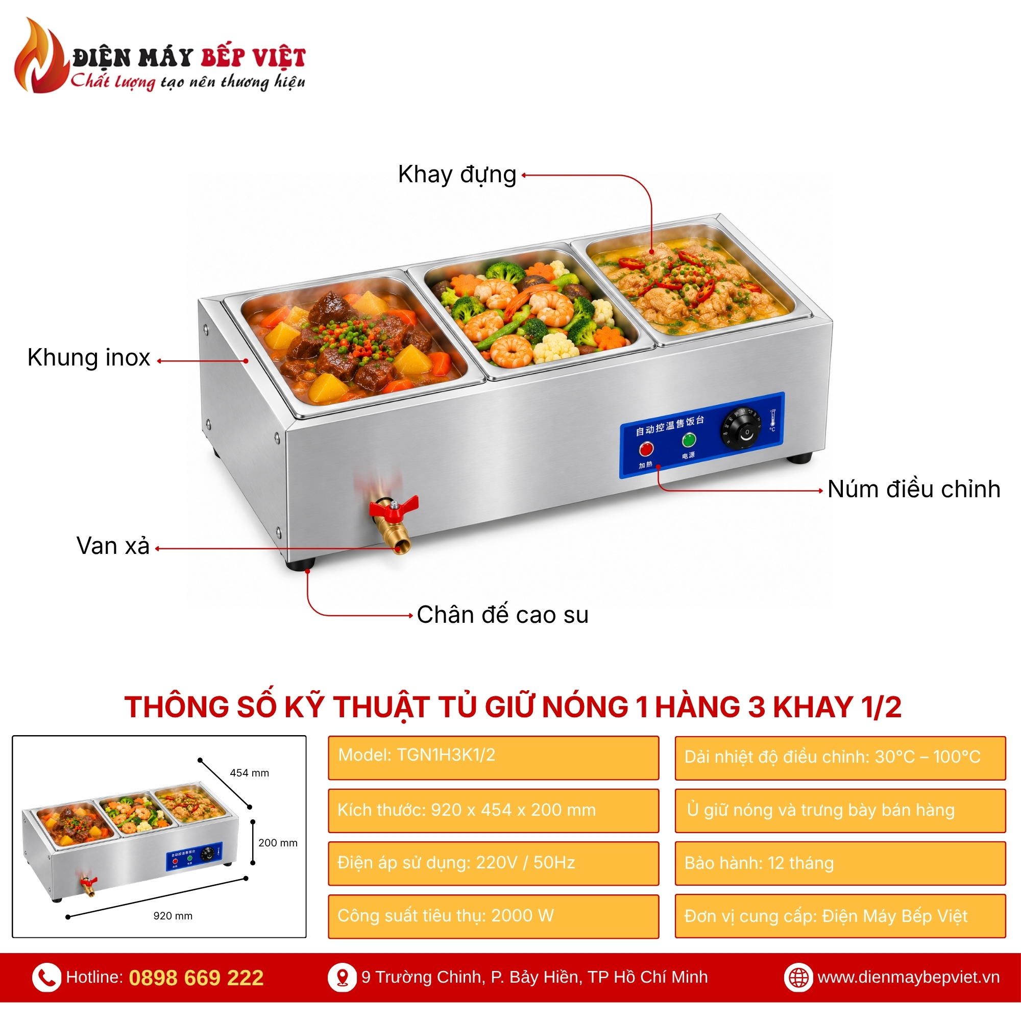 Tủ Giữ Nóng Thức Ăn Để Bàn 1 Hàng 3 Khay 1/2