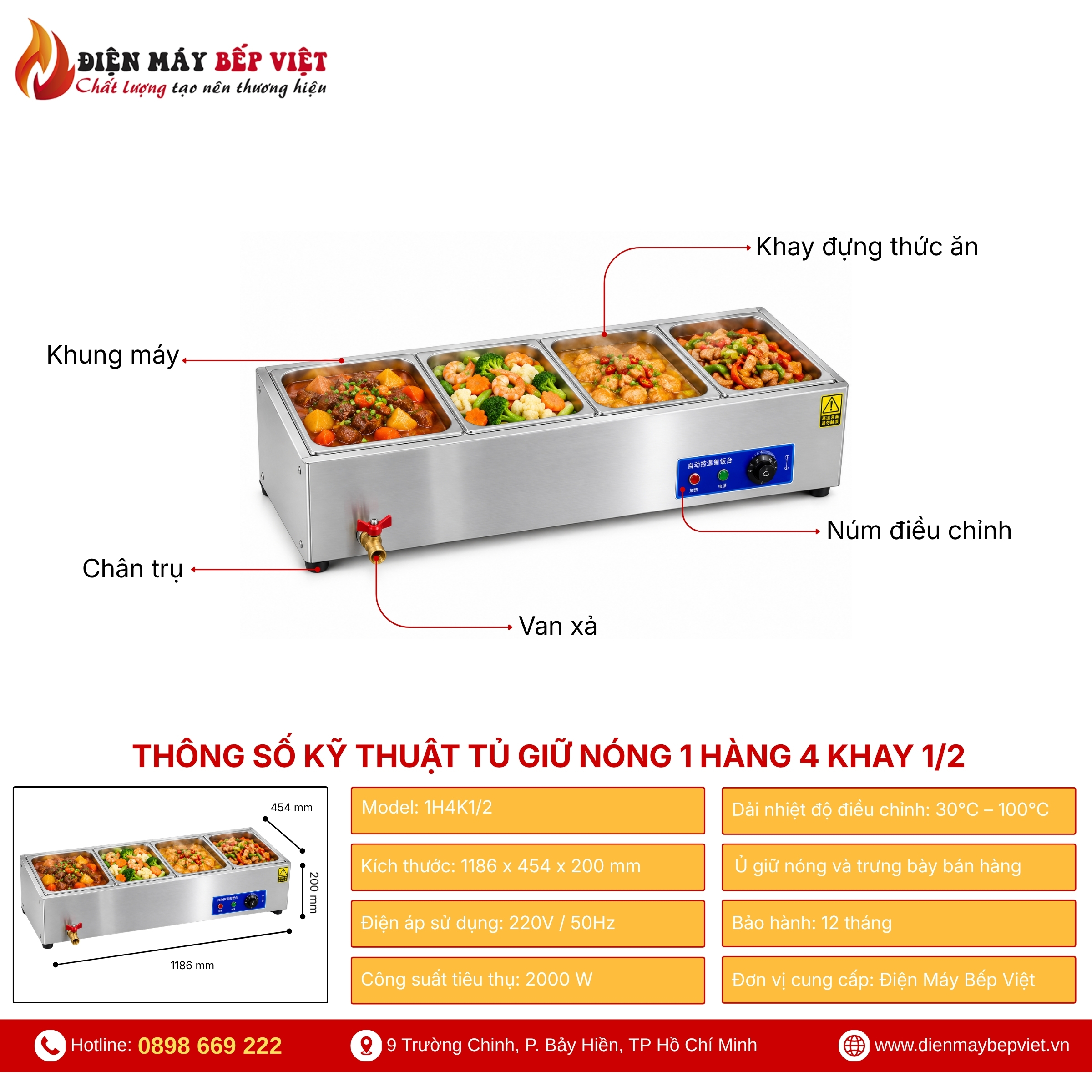 Tủ Giữ Nóng Thức Ăn Để Bàn 1 Hàng 4 Khay 1/2
