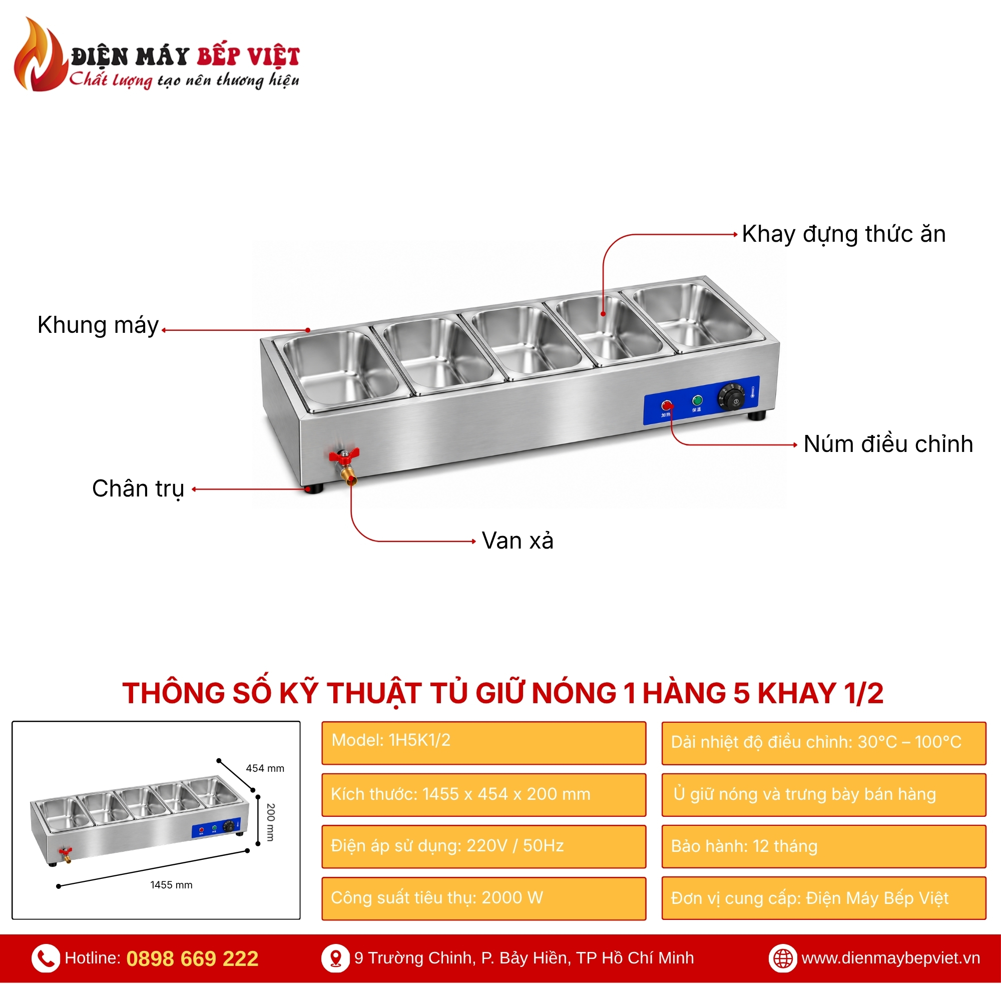 Tủ Giữ Nóng Thức Ăn Để Bàn 1 Hàng 5 Khay 1/2