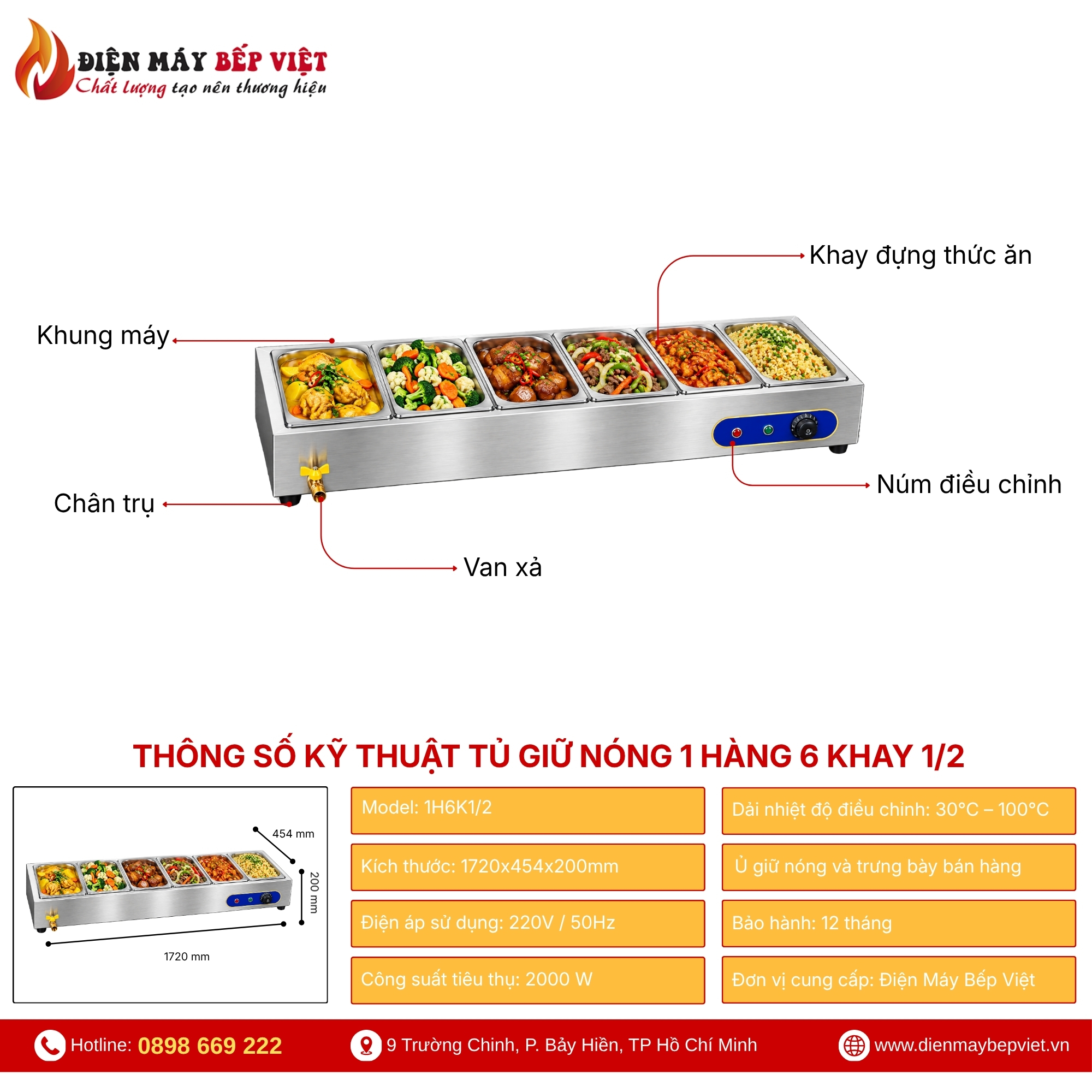 Tủ Giữ Nóng Thức Ăn Để Bàn 1 Hàng 6 Khay 1/2