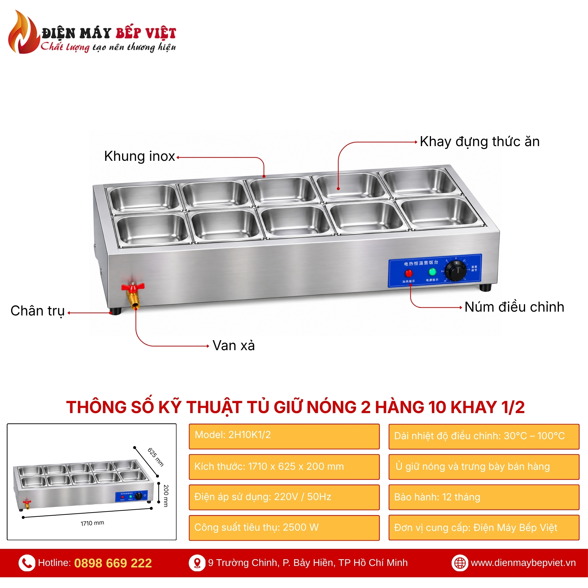 Tủ Giữ Nóng Thức Ăn Để Bàn 2 Hàng 10 Khay 1/2