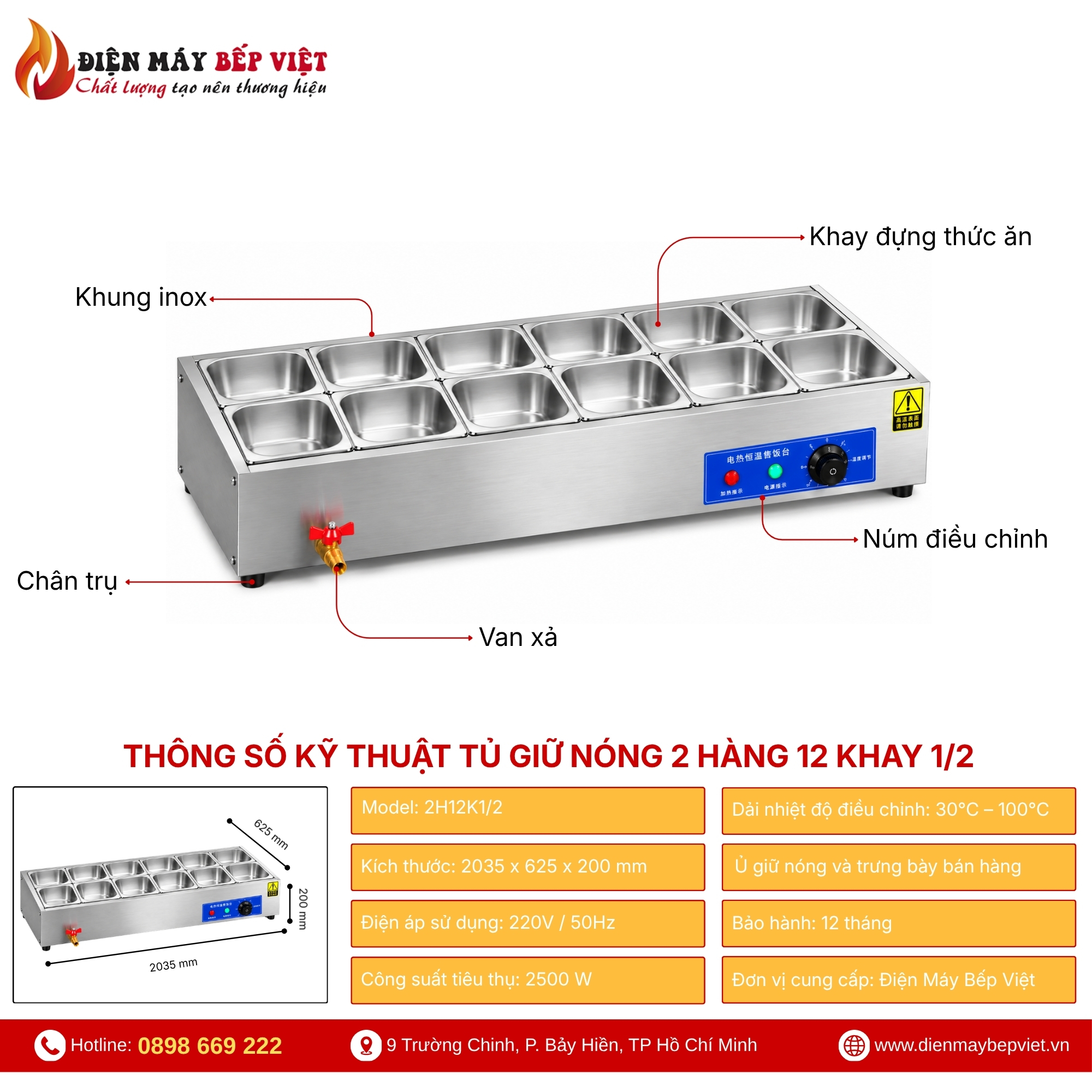 Tủ Giữ Nóng Thức Ăn Để Bàn 2 Hàng 12 Khay 1/2