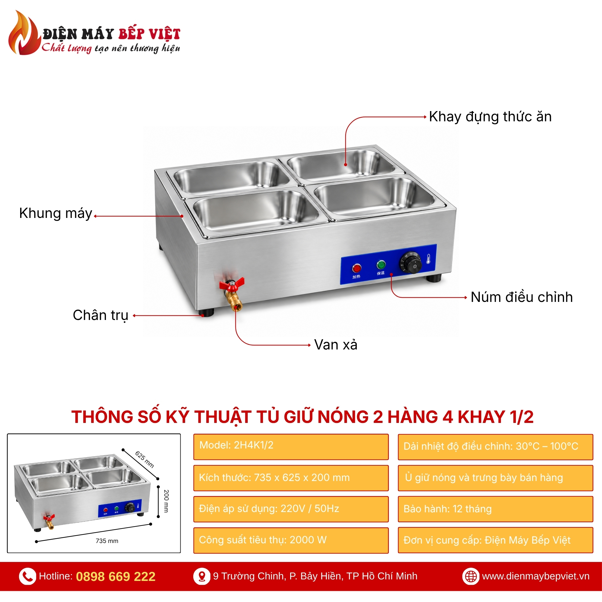 Tủ Giữ Nóng Thức Ăn Để Bàn 2 Hàng 4 Khay 1/2
