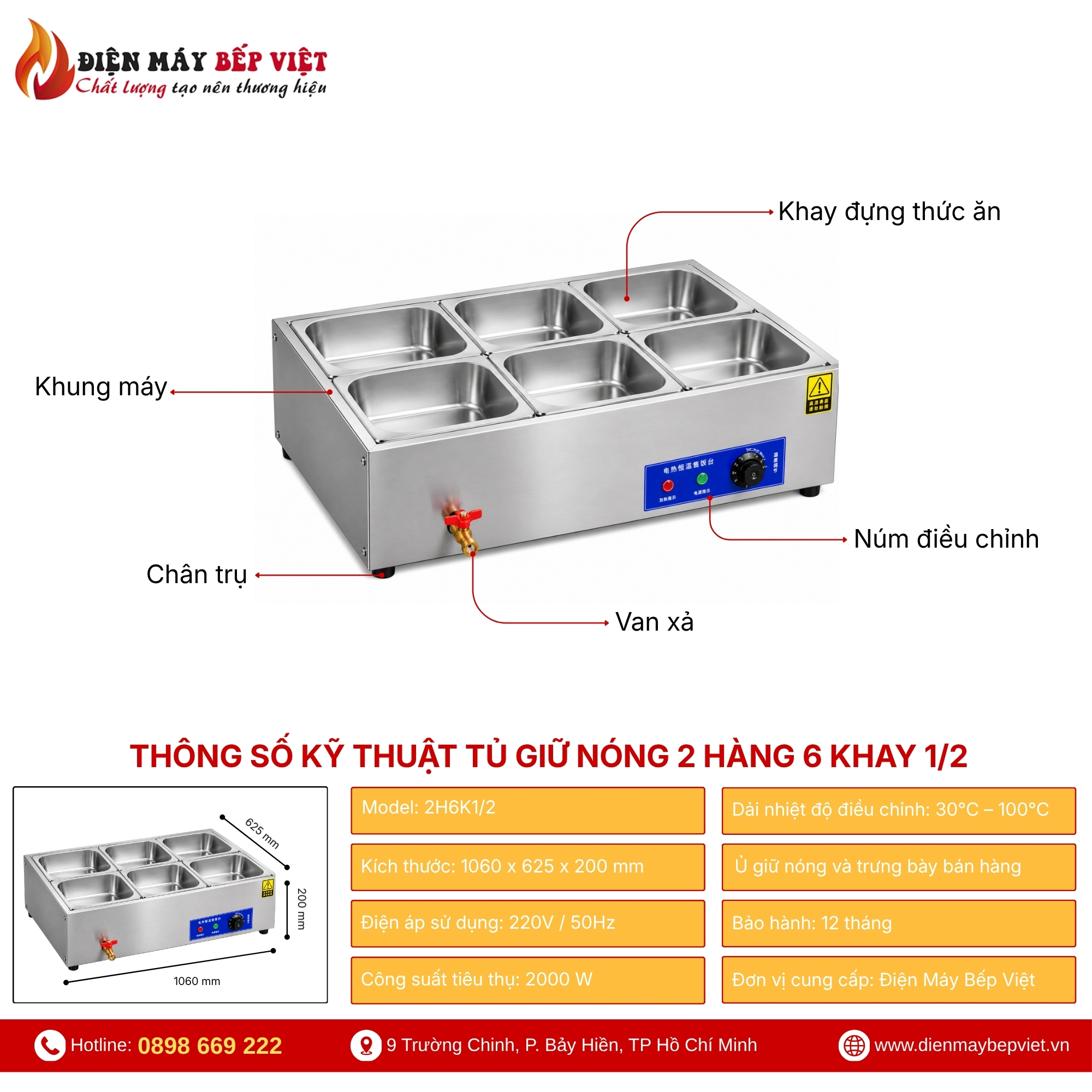 Tủ Giữ Nóng Thức Ăn Để Bàn 2 Hàng 6 Khay 1/2
