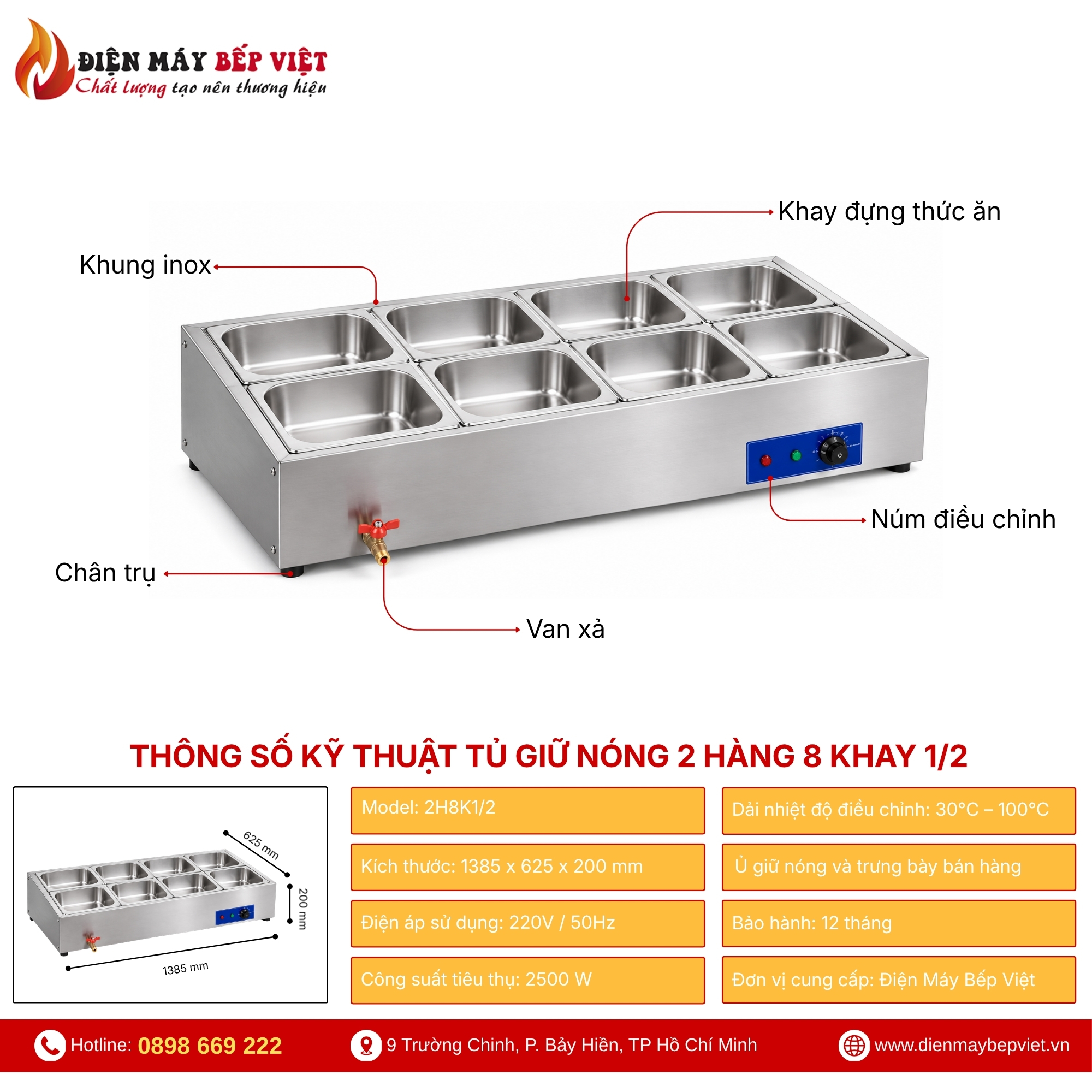 Tủ Giữ Nóng Thức Ăn Để Bàn 2 Hàng 8 Khay 1/2
