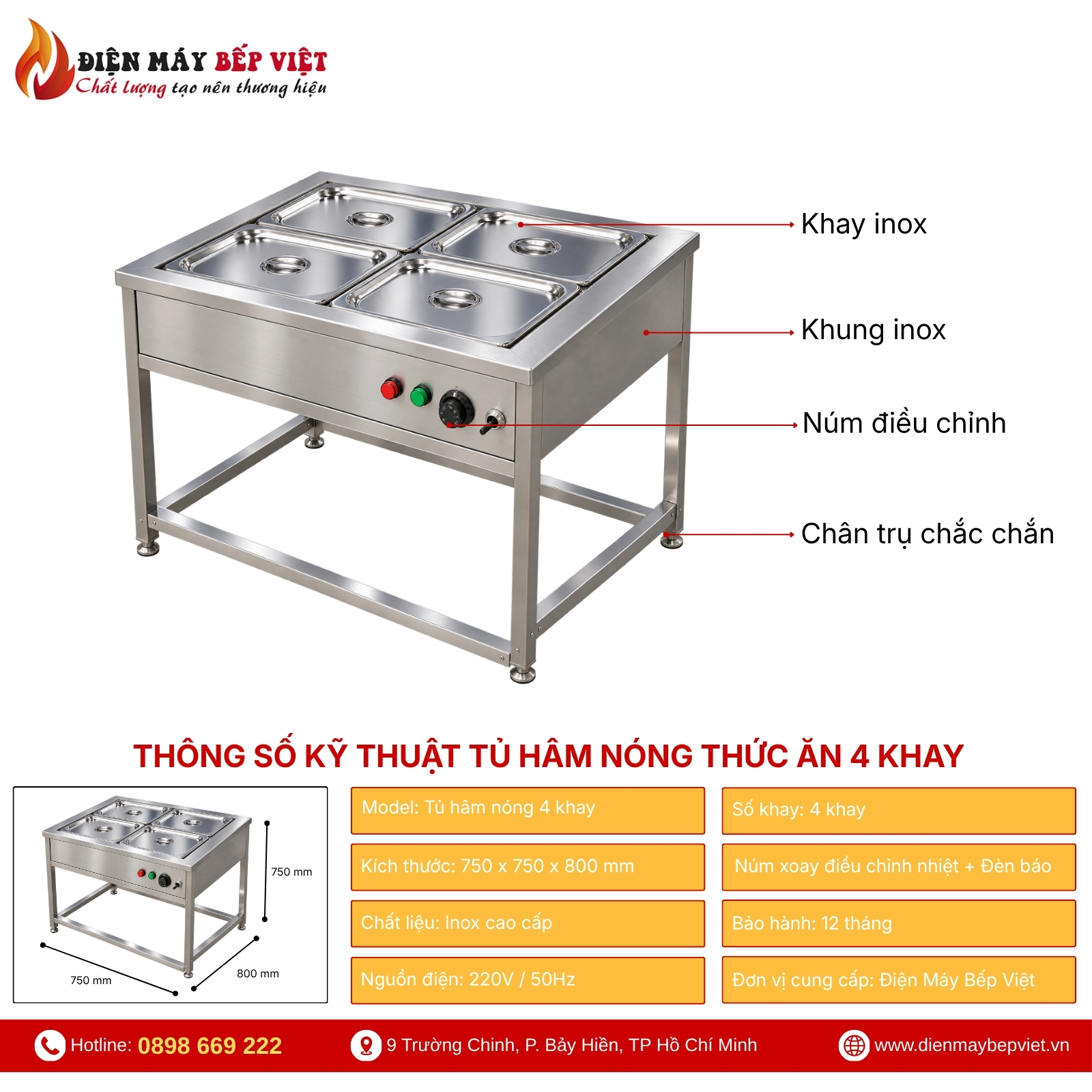 Tủ Hâm Nóng Thức Ăn 4 Khay Có Khung Chân