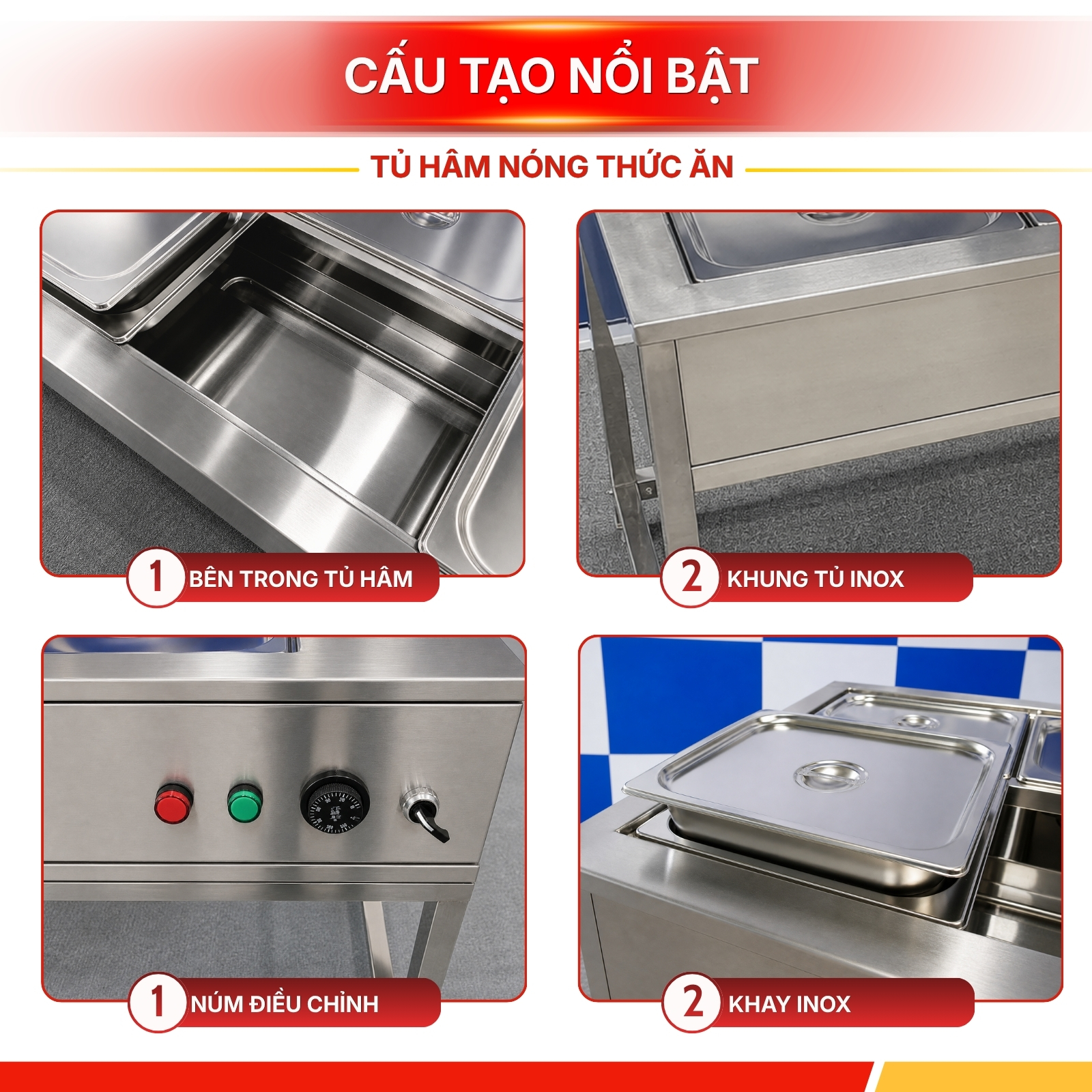 Tủ Hâm Nóng Thức Ăn 6 Khay Có Khung Chân