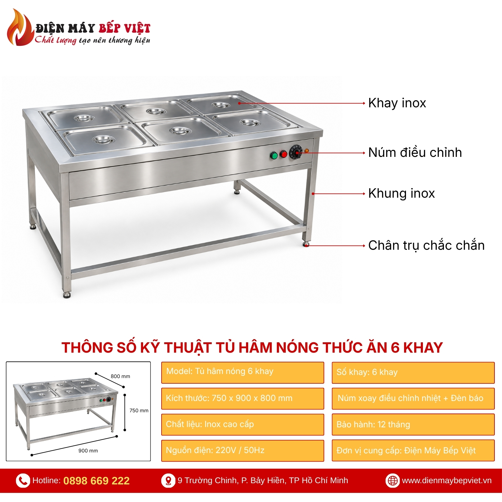 Tủ Hâm Nóng Thức Ăn 6 Khay Có Khung Chân