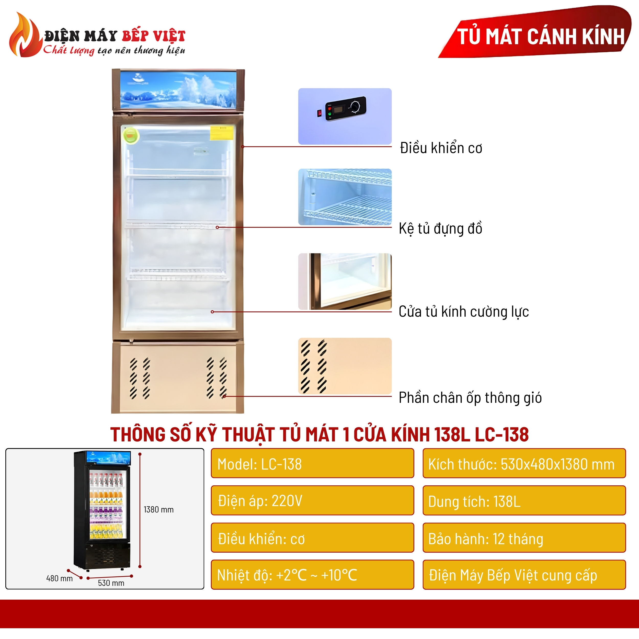 Tủ Mát 1 Cửa Kính LC-138