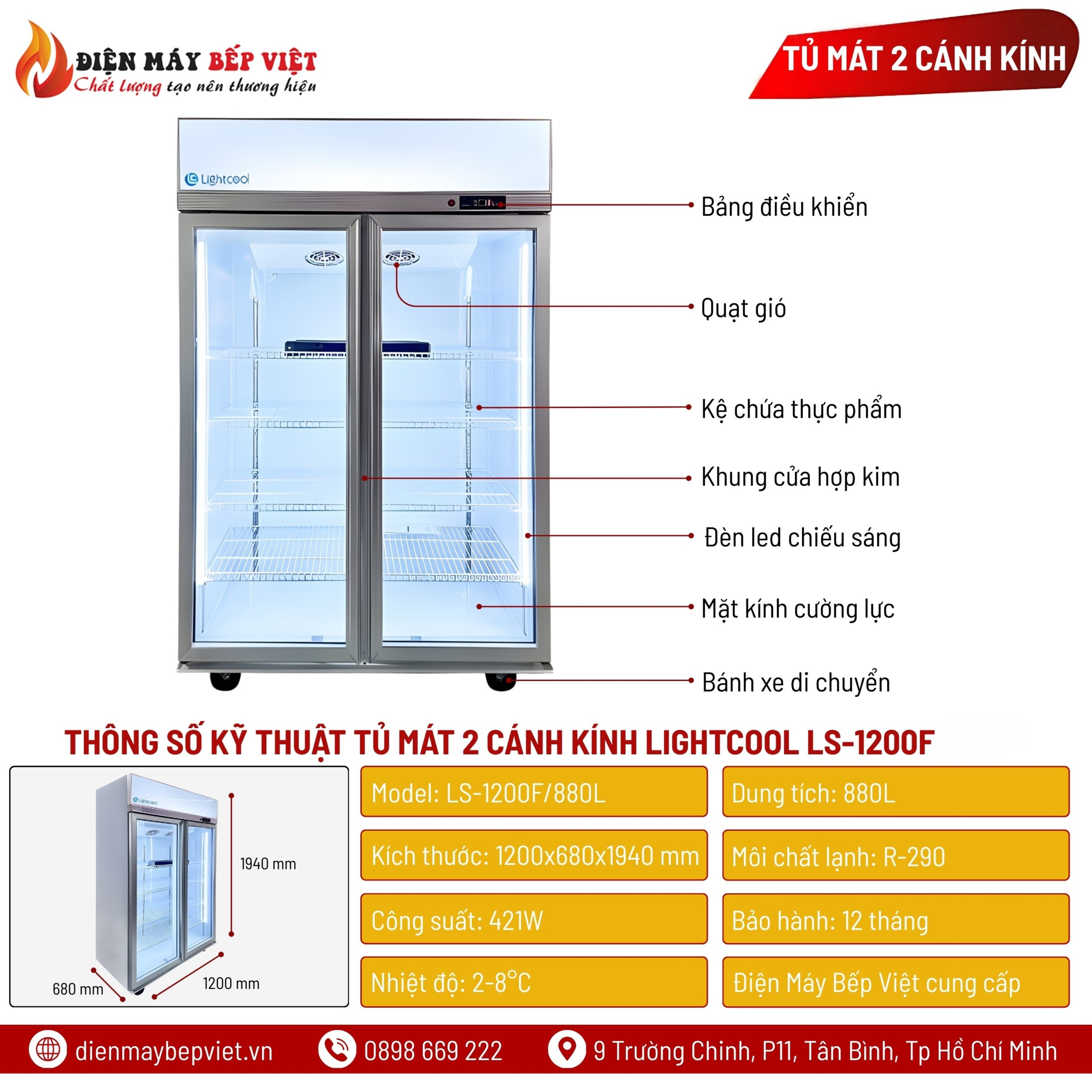 Tủ Mát 2 Cánh Kính Lightcool LS-1200F