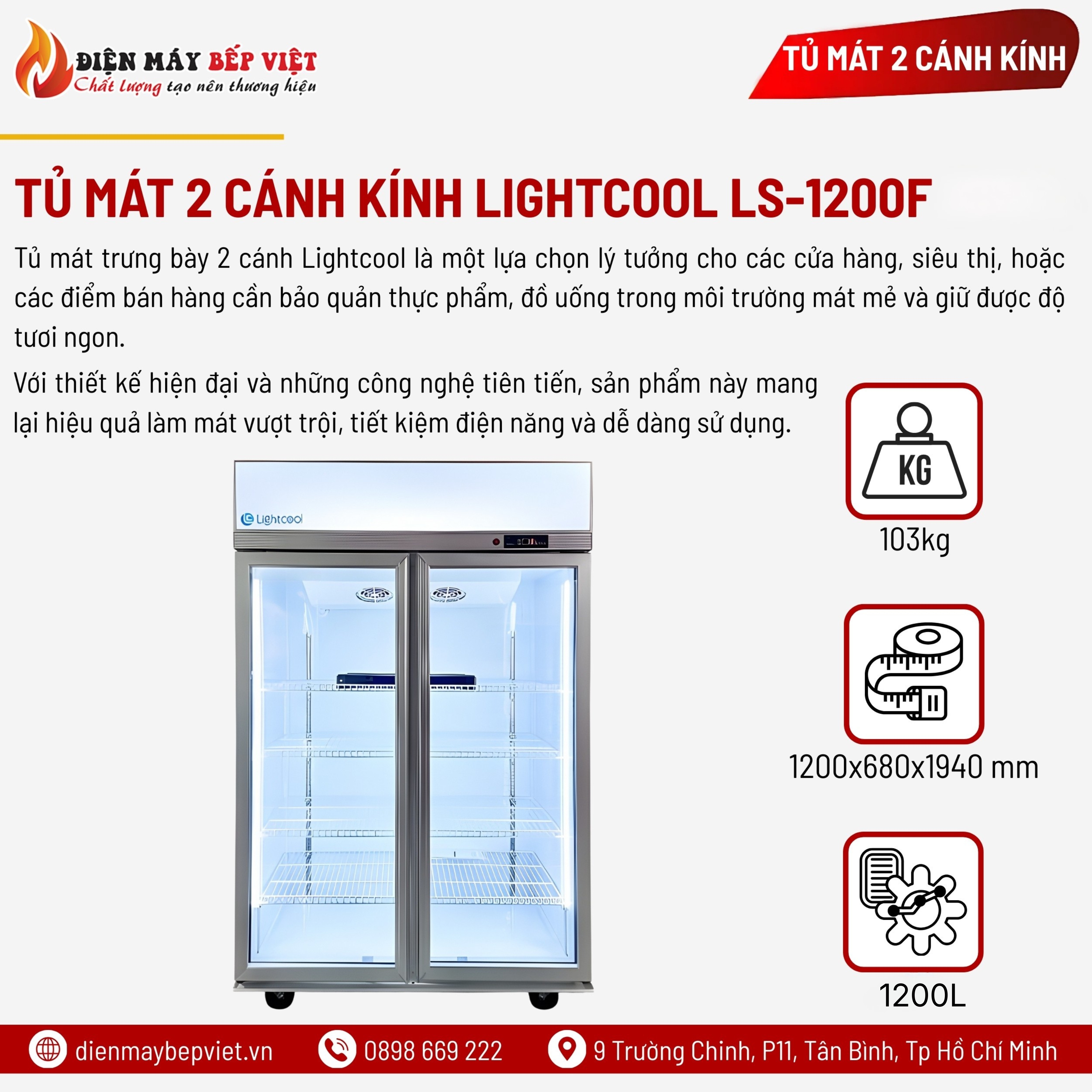 Tủ Mát 2 Cánh Kính Lightcool LS-1200F