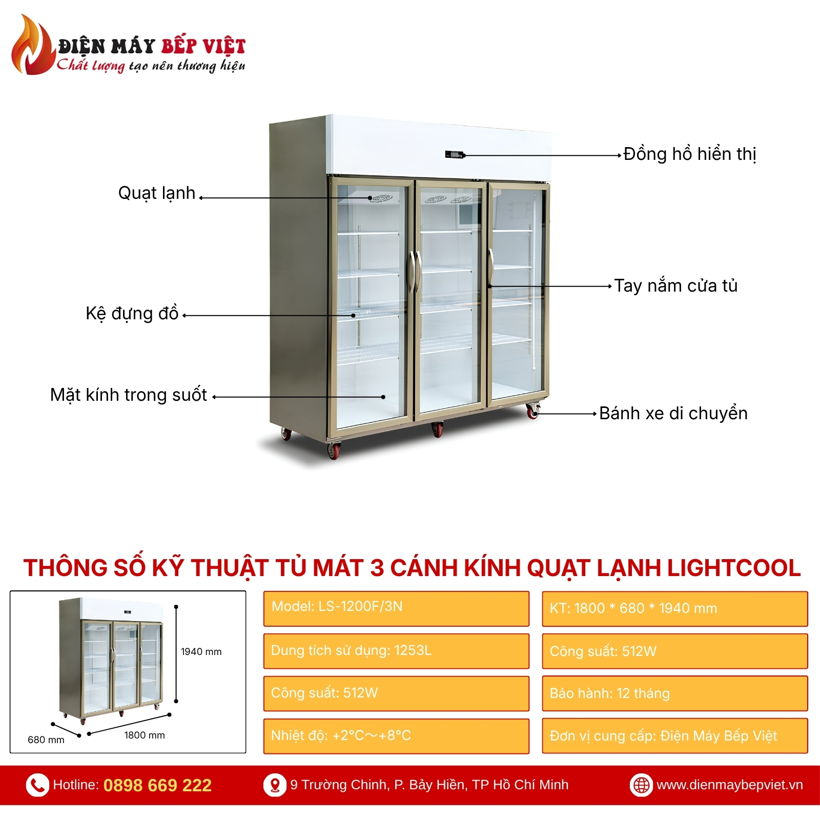 Tủ Mát 3 Cánh Kính Quạt Lạnh Lightcool LS-1200F/3N