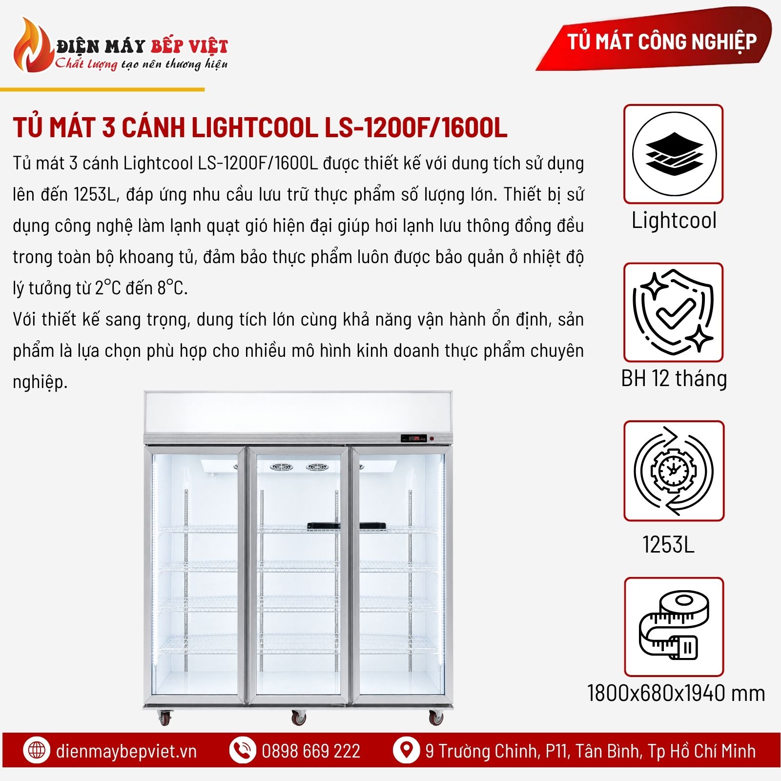 Tủ Mát 3 Cánh Lightcool LS-1200F/1600L