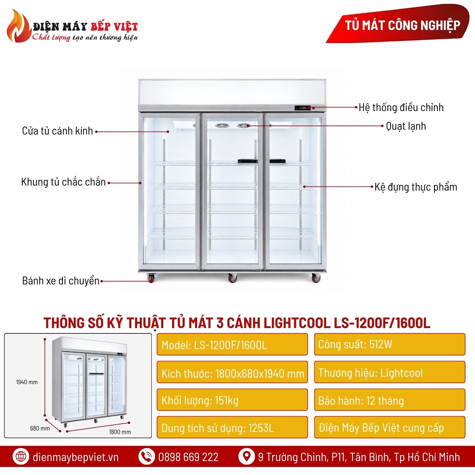 Tủ Mát 3 Cánh Lightcool LS-1200F/1600L