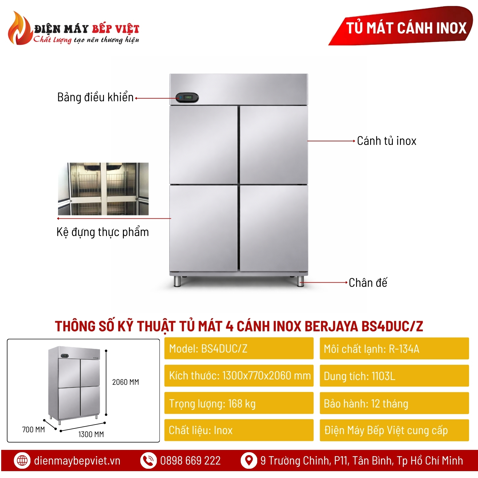 Tủ Mát 4 Cánh Inox Berjaya BS4DUC/Z