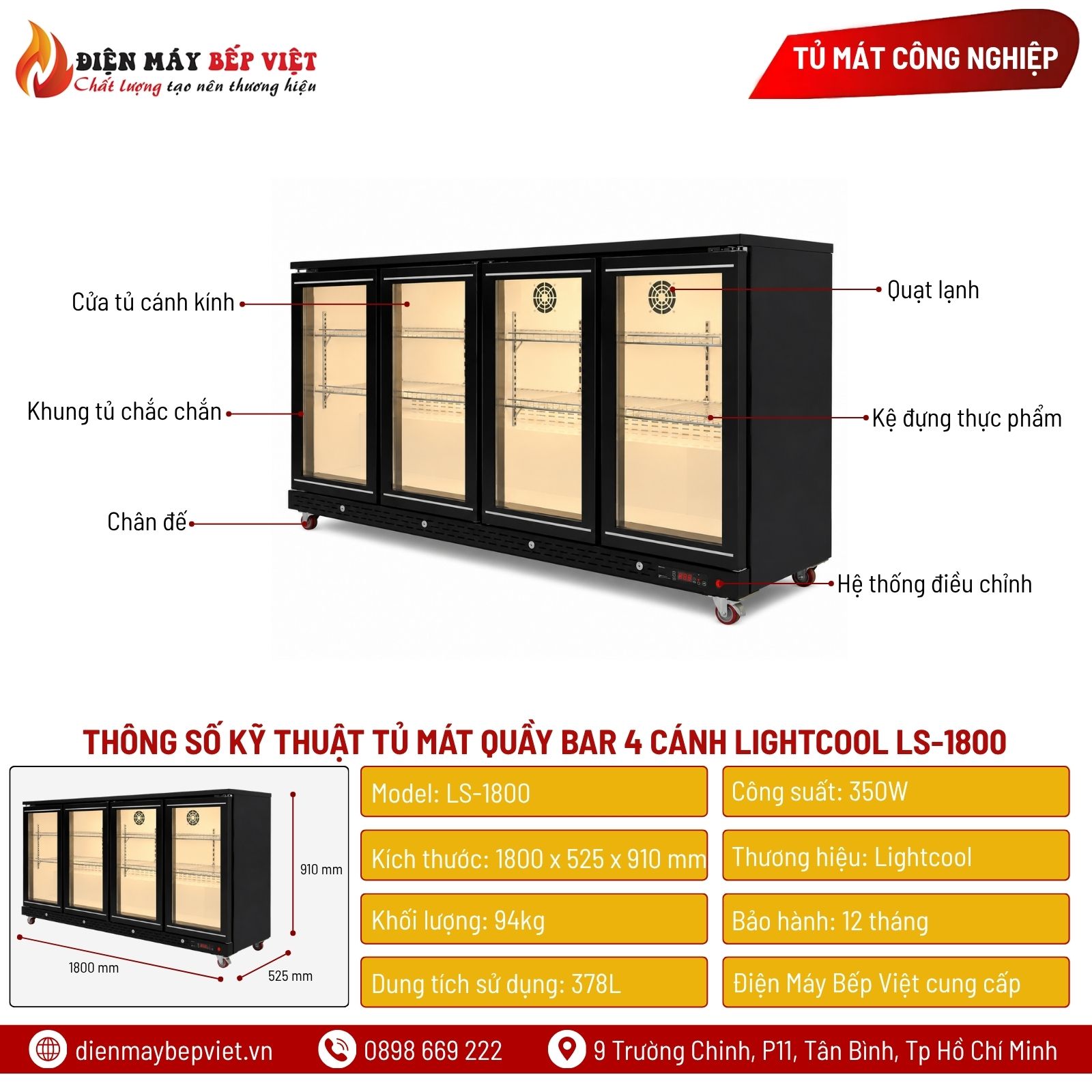 Tủ Mát Quầy Bar 4 cánh Lightcool LS-1800