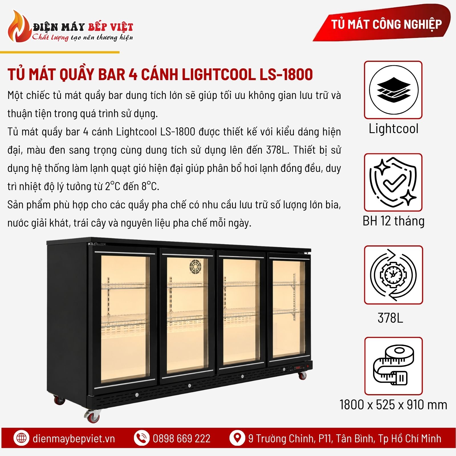 Tủ Mát Quầy Bar 4 cánh Lightcool LS-1800