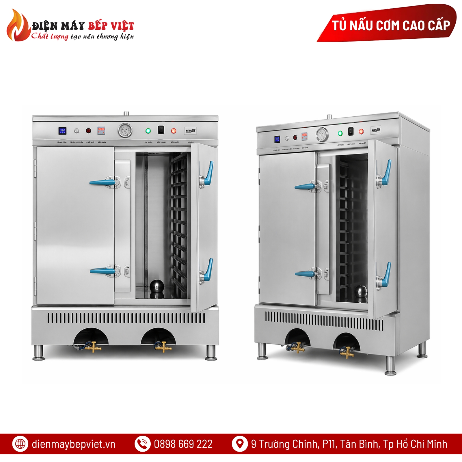 Tủ Nấu Cơm 20 Khay Gas Điện Inox 304