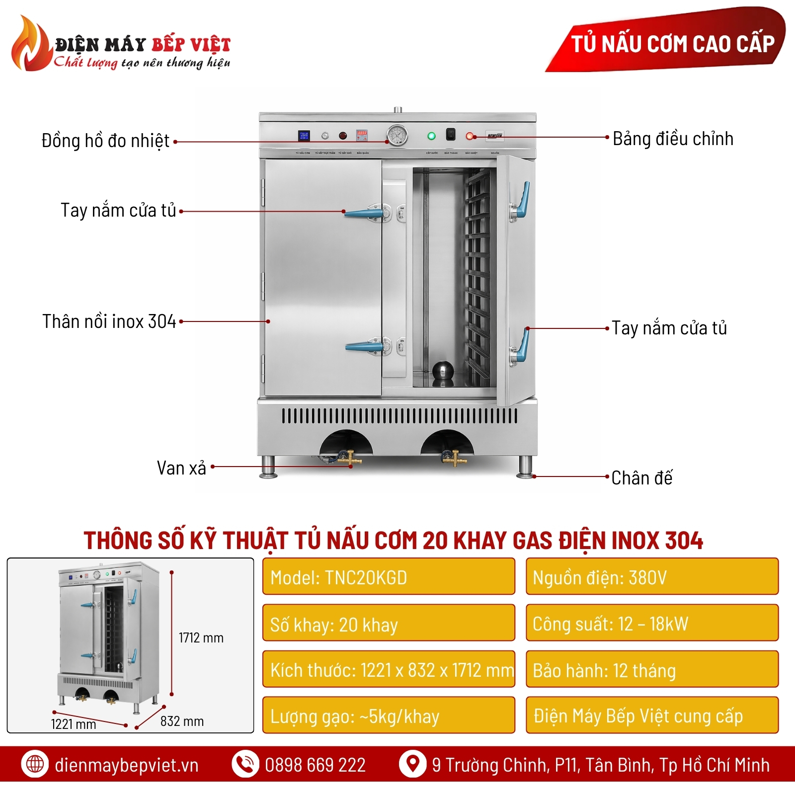 Tủ Nấu Cơm 20 Khay Gas Điện Inox 304