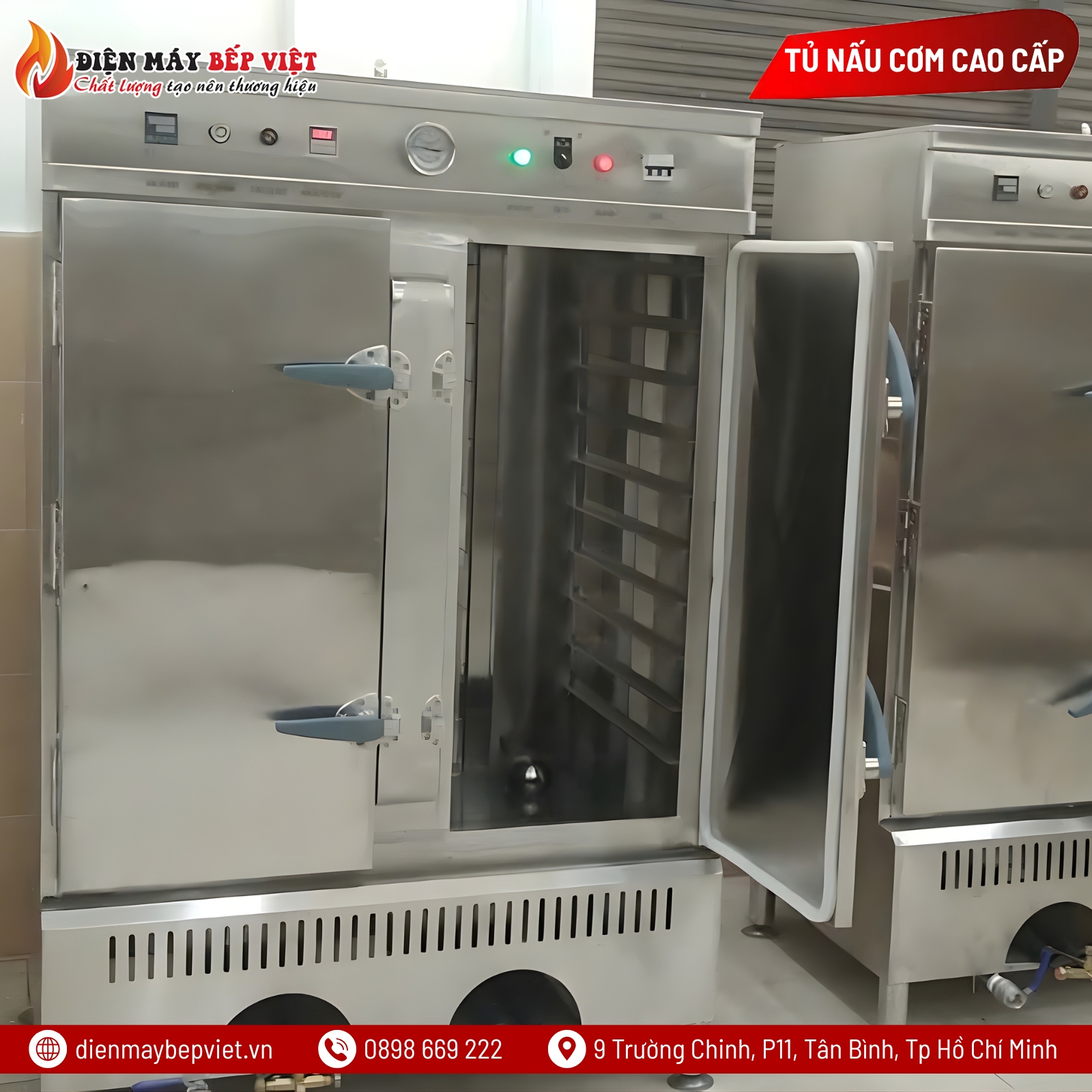 Tủ Nấu Cơm 20 Khay Gas Điện Inox 304