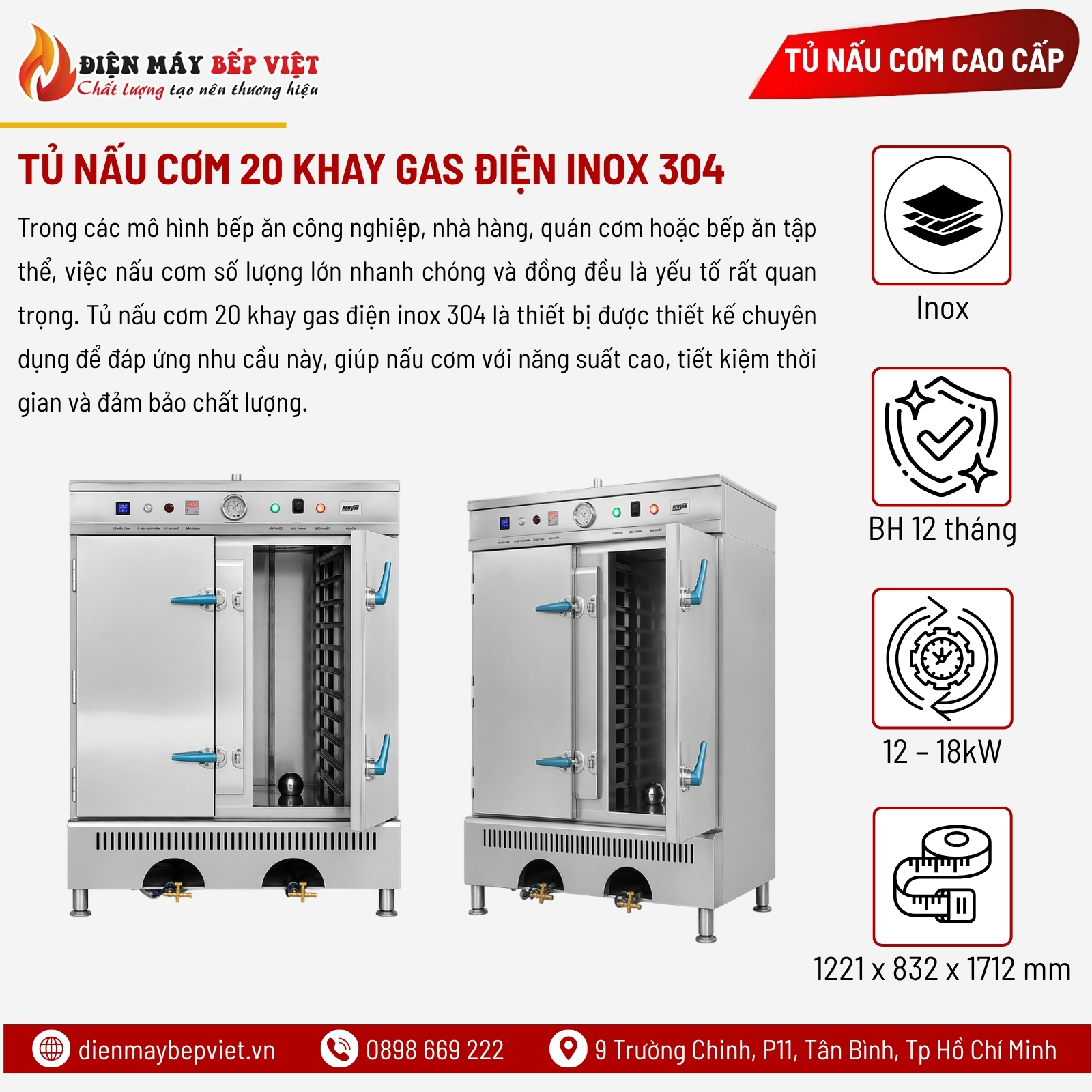 Tủ Nấu Cơm 20 Khay Gas Điện Inox 304