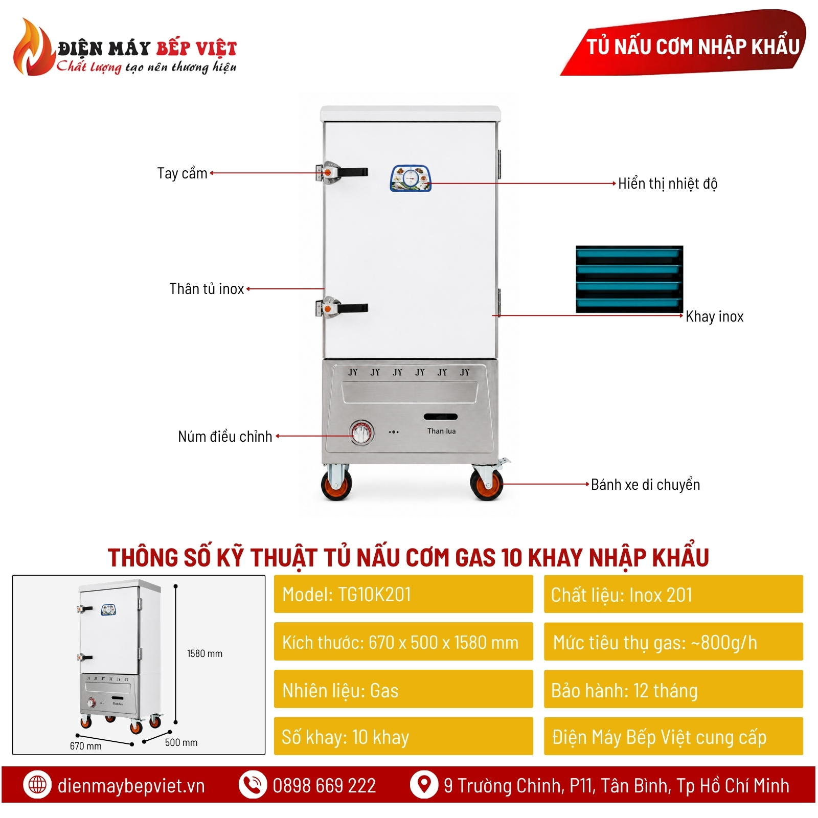 Tủ Nấu Cơm Gas 10 Khay Nhập Khẩu