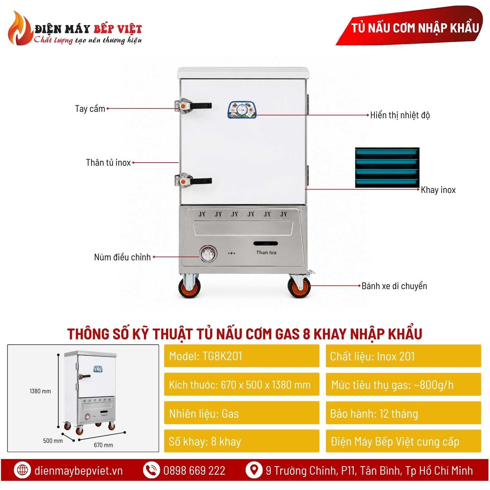 Tủ Nấu Cơm Gas 8 Khay Nhập Khẩu