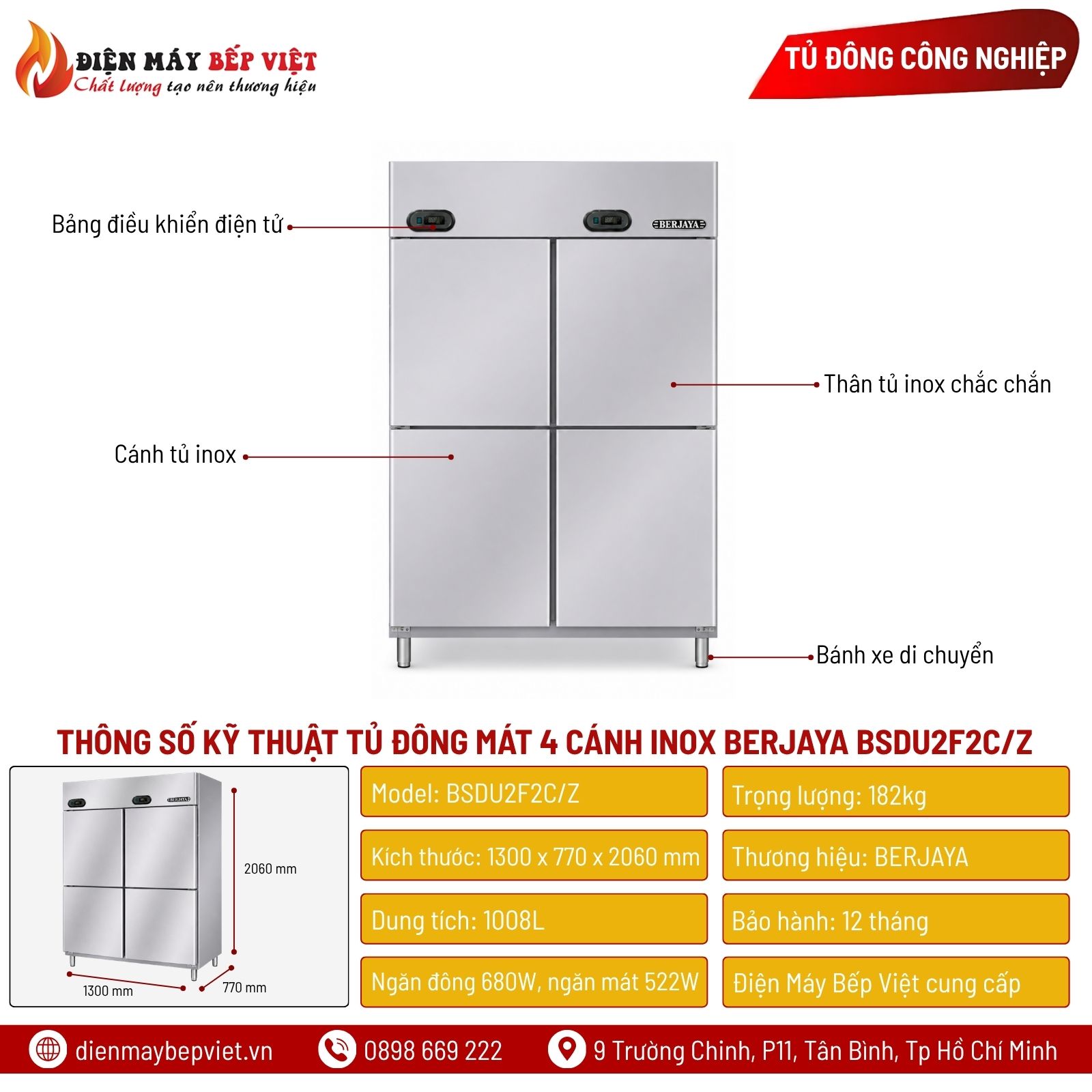 Tủ Nửa Đông Nửa Mát 4 Cánh Inox Berjaya BSDU2F2C/Z