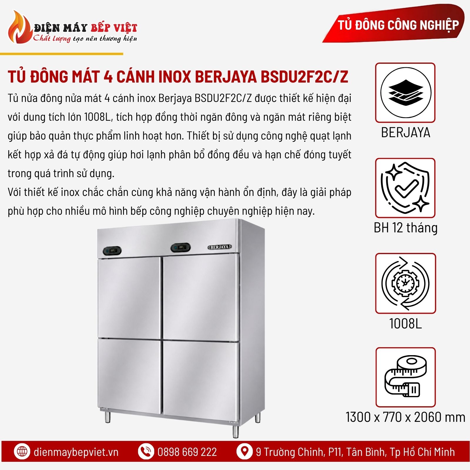 Tủ Nửa Đông Nửa Mát 4 Cánh Inox Berjaya BSDU2F2C/Z