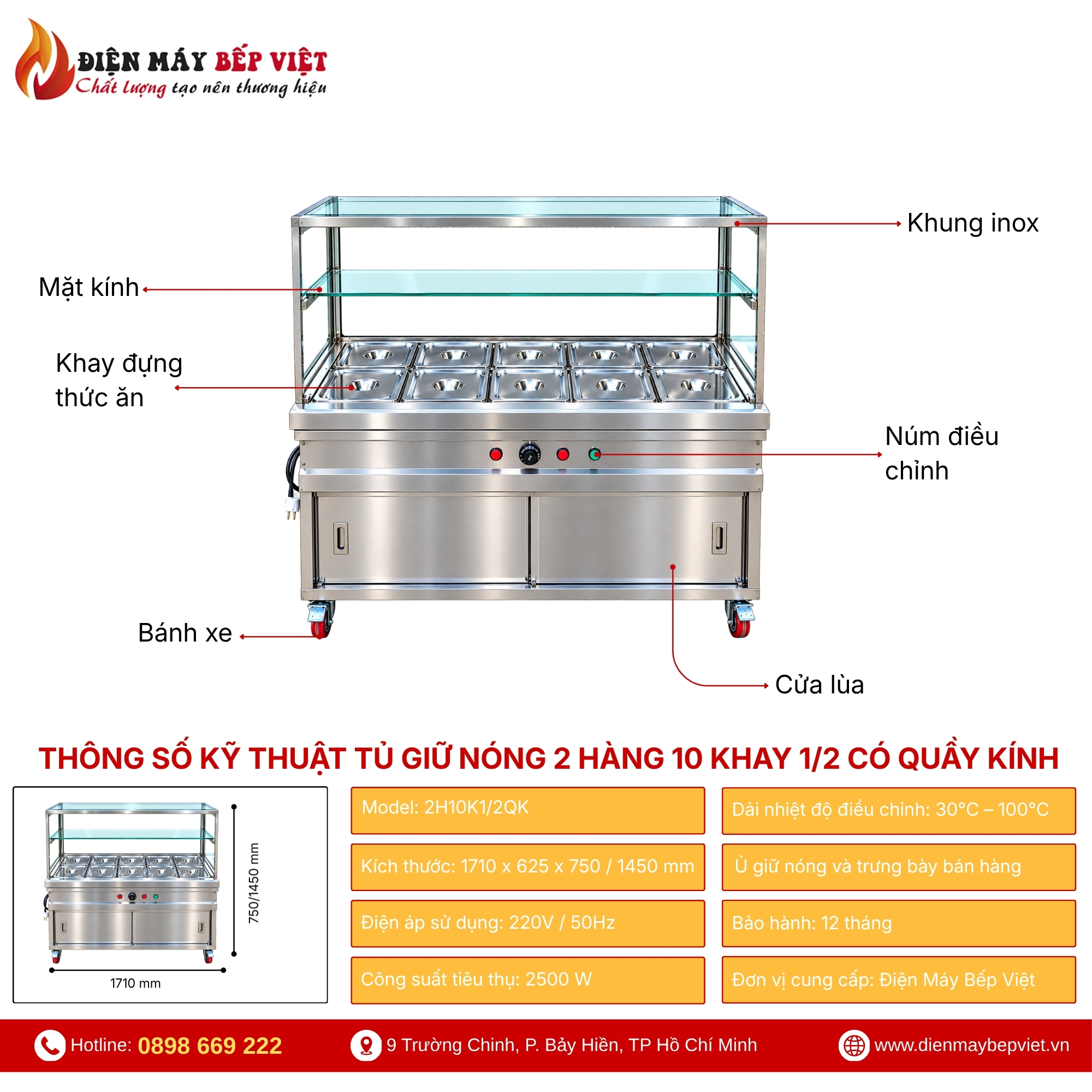Tủ Quầy Giữ Nóng Thức Ăn 2 Hàng 10 Khay 1/2 Có Quầy Kính (Không Cánh Tủ)