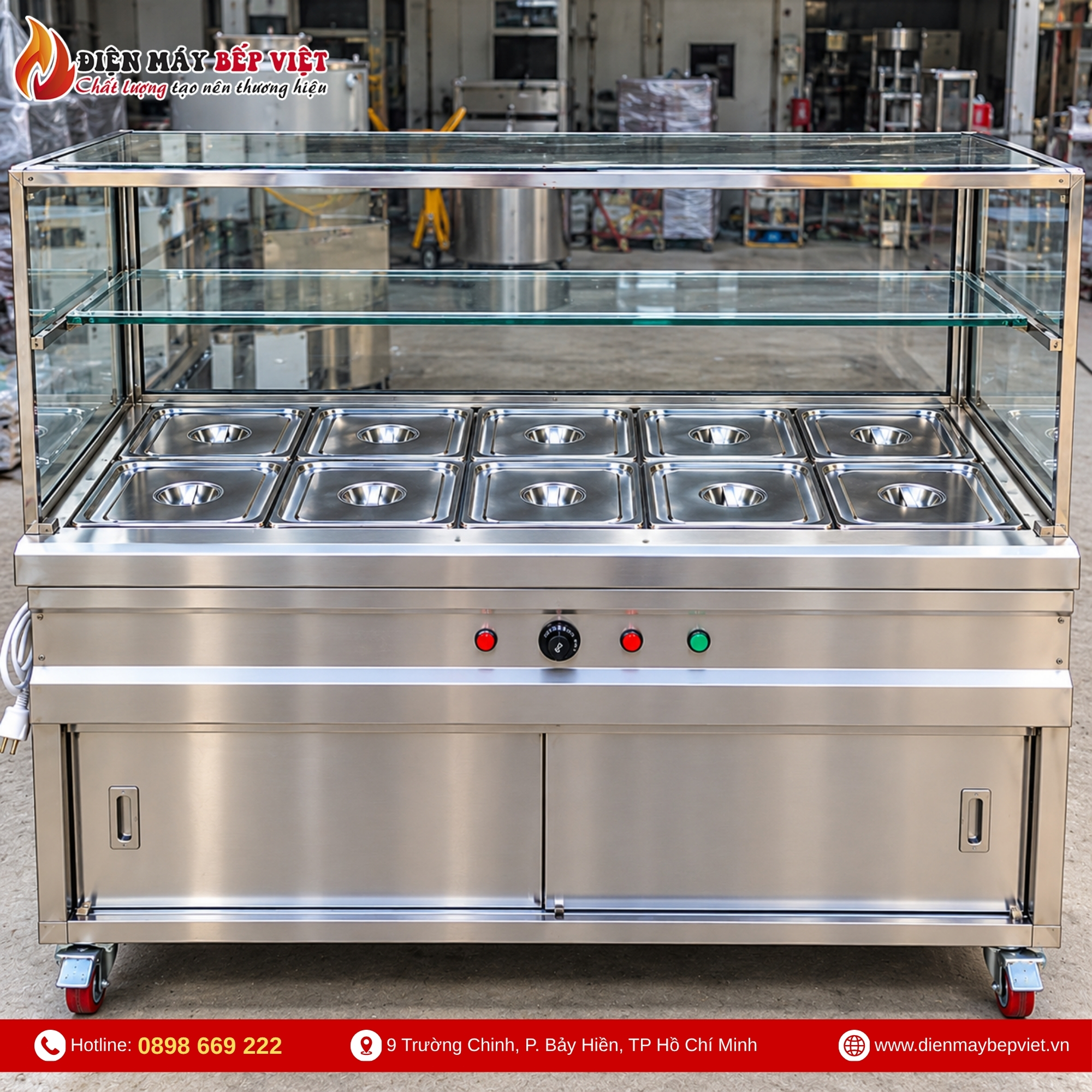Tủ Quầy Giữ Nóng Thức Ăn 2 Hàng 10 Khay 1/2 Có Quầy Kính (Không Cánh Tủ)
