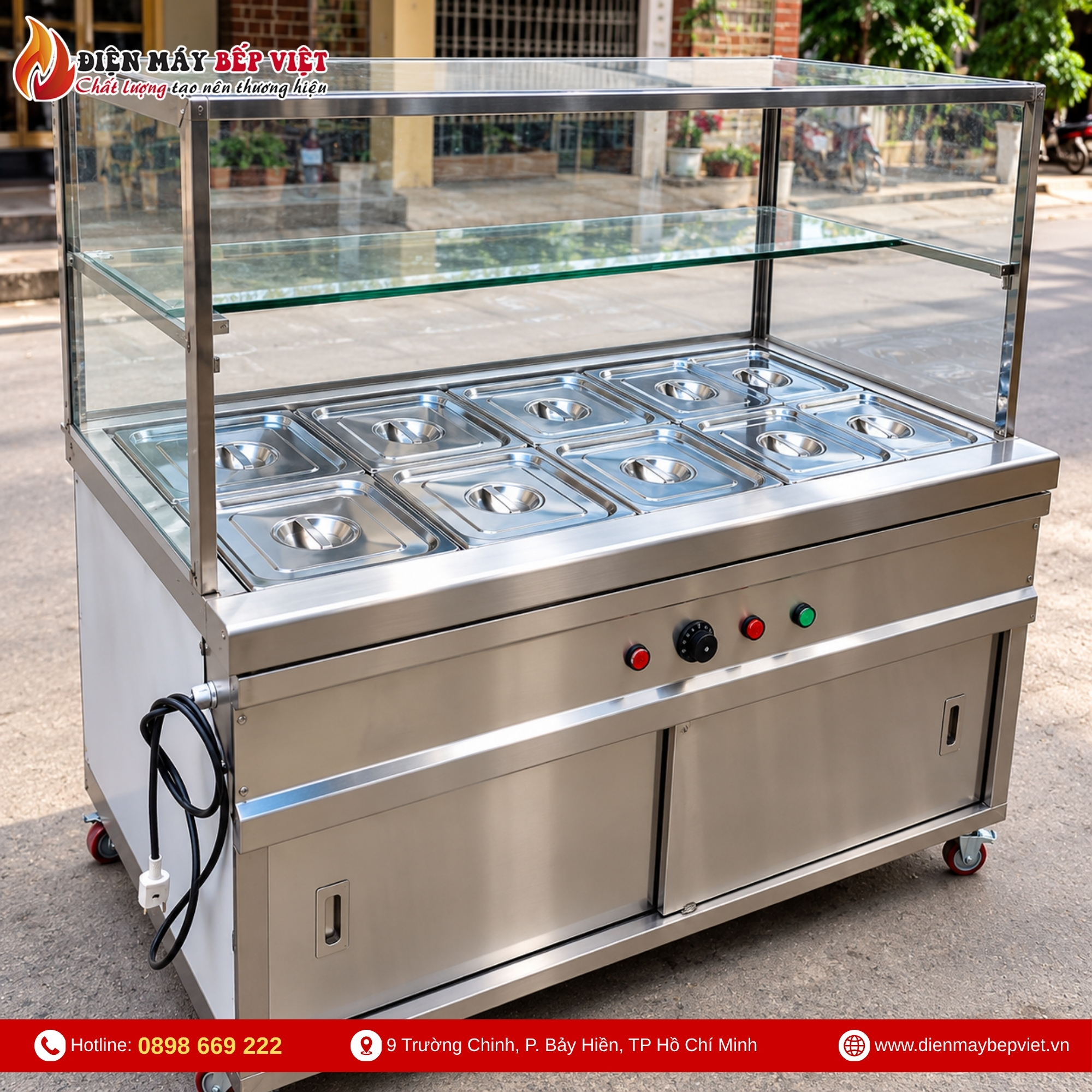 Tủ Quầy Giữ Nóng Thức Ăn 2 Hàng 10 Khay 1/2 Có Quầy Kính (Không Cánh Tủ)