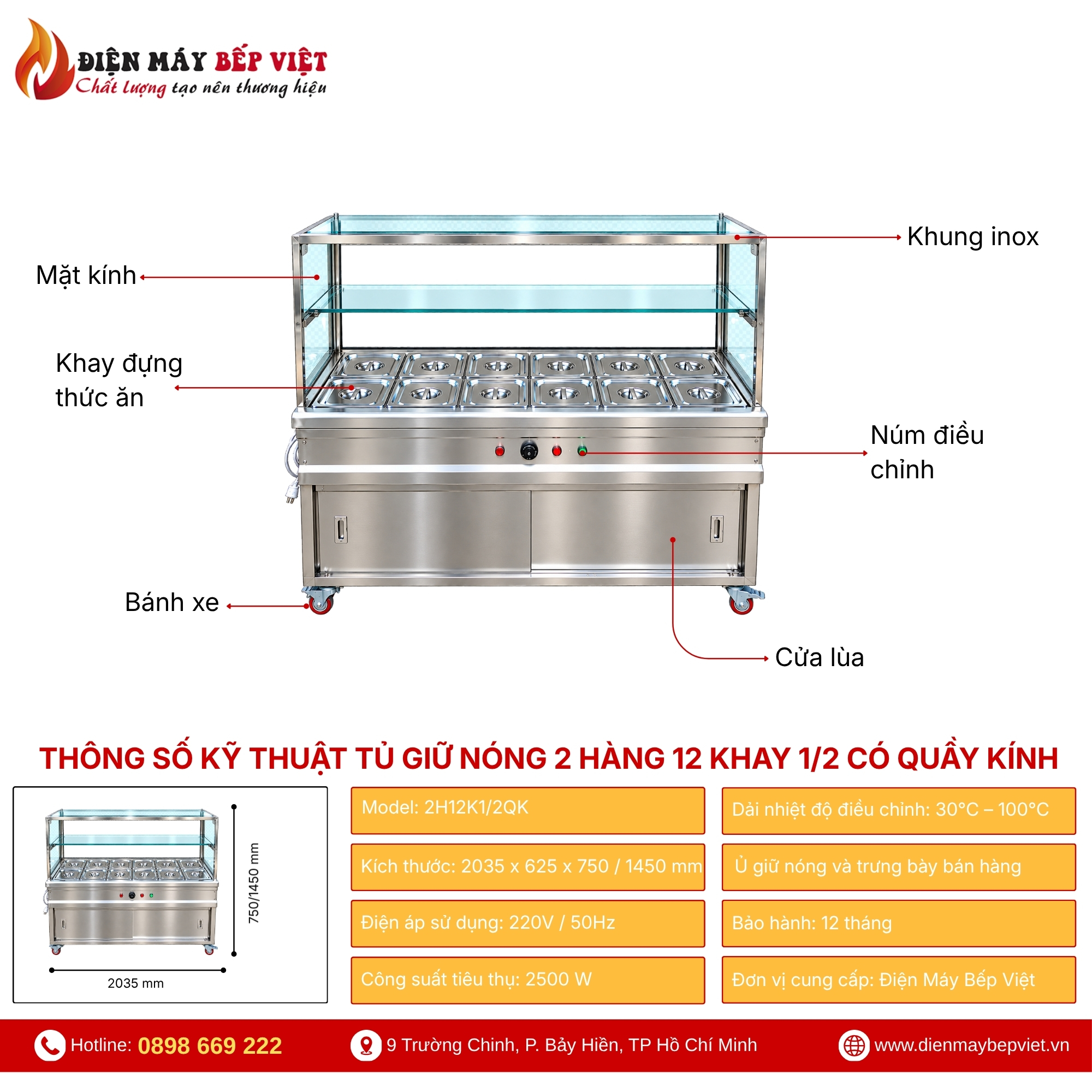 Tủ Quầy Giữ Nóng Thức Ăn 2 Hàng 12 Khay 1/2 Có Quầy Kính (Không Cánh Tủ)