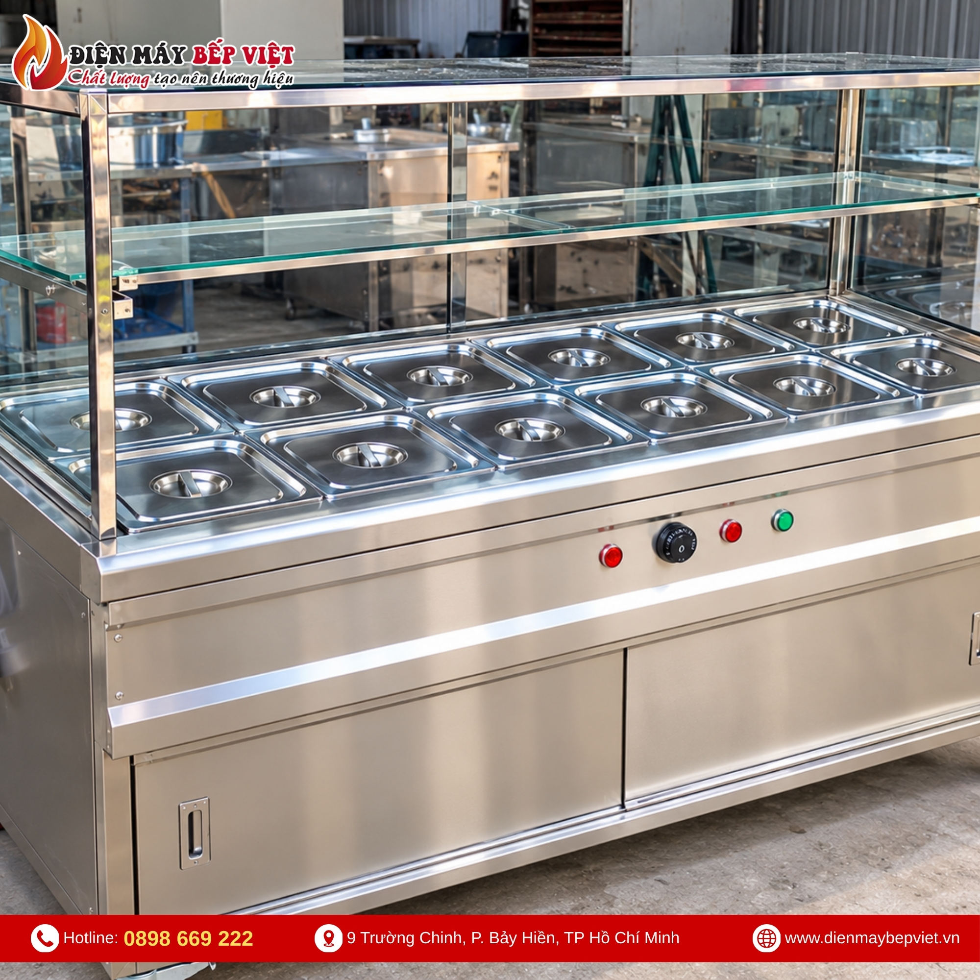Tủ Quầy Giữ Nóng Thức Ăn 2 Hàng 12 Khay 1/2 Có Quầy Kính (Không Cánh Tủ)