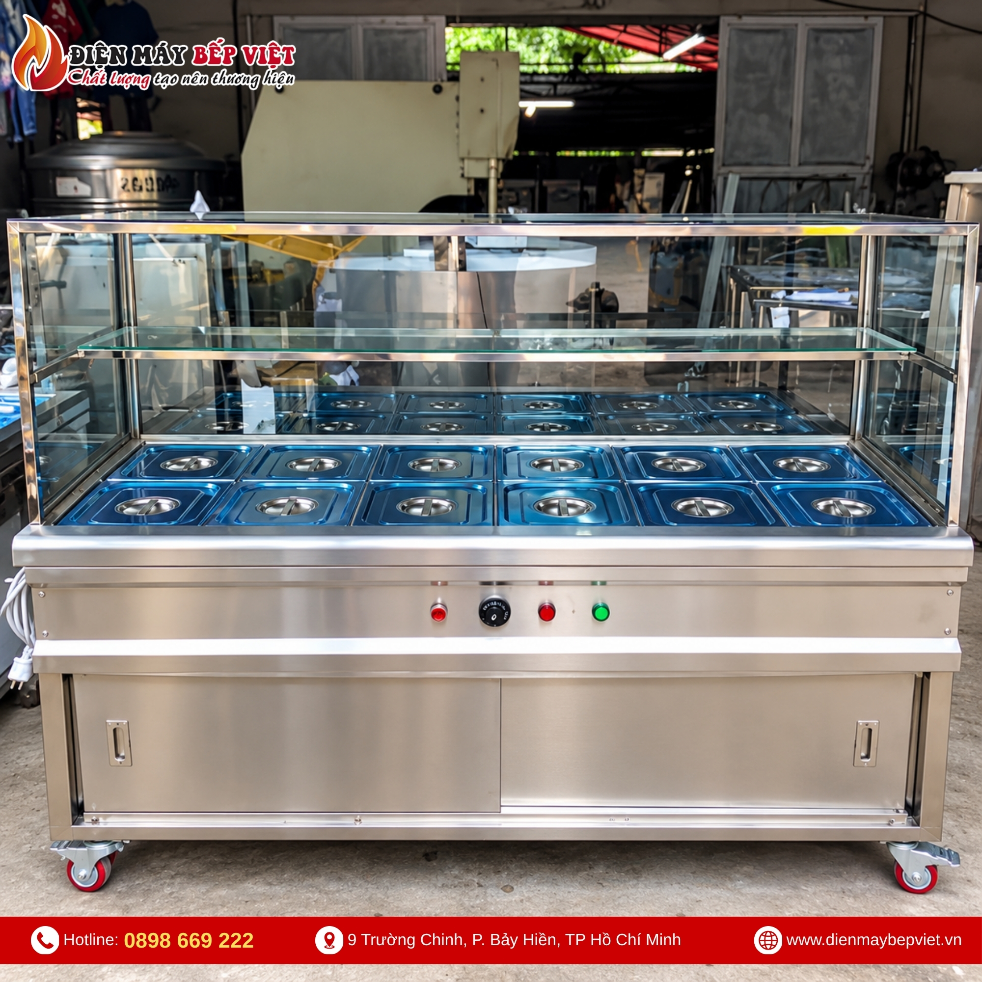 Tủ Quầy Giữ Nóng Thức Ăn 2 Hàng 12 Khay 1/2 Có Quầy Kính (Không Cánh Tủ)