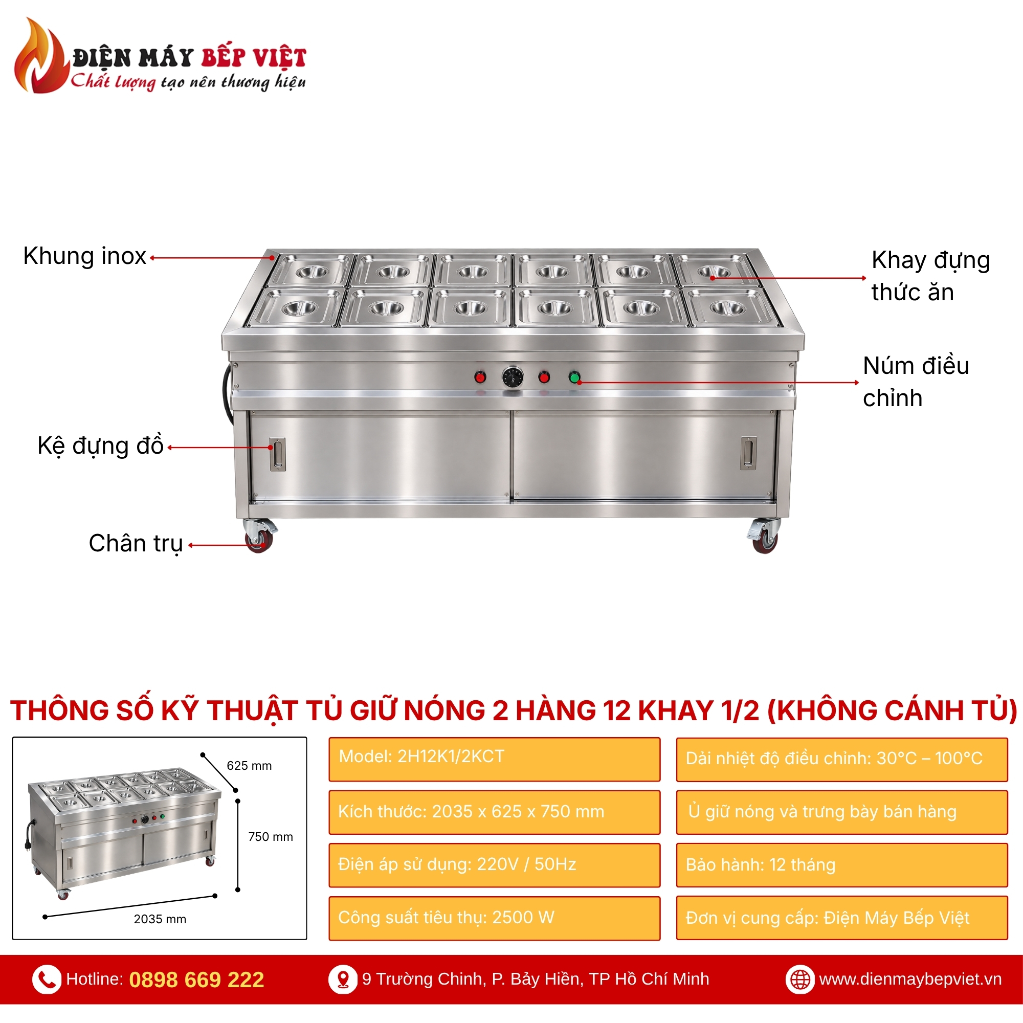 Tủ Quầy Giữ Nóng Thức Ăn 2 Hàng 12 Khay 1/2 (Không Cánh Tủ)