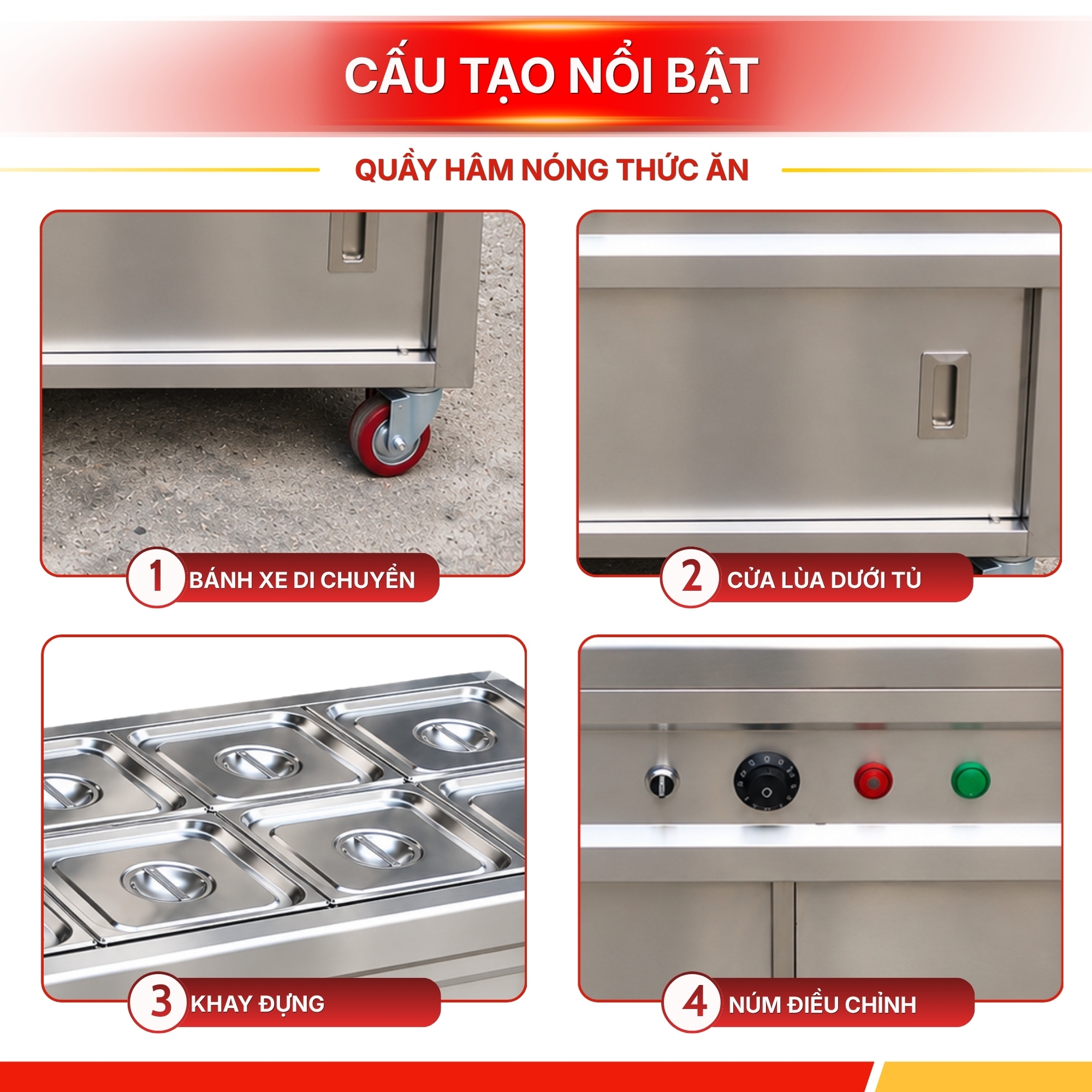 Tủ Quầy Giữ Nóng Thức Ăn 2 Hàng 12 Khay 1/2 (Không Cánh Tủ)