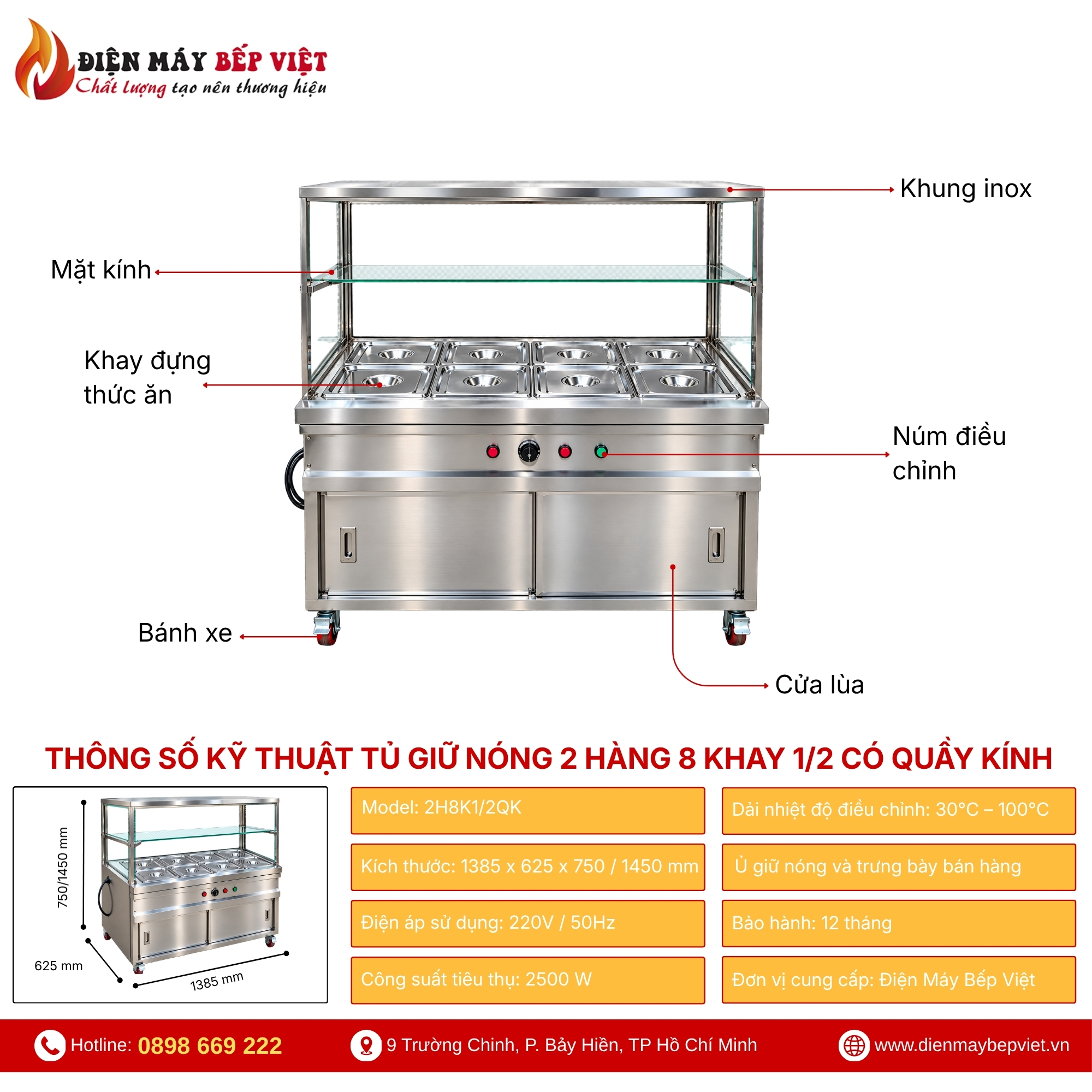 Tủ Quầy Giữ Nóng Thức Ăn 2 Hàng 8 Khay 1/2 Có Quầy Kính (Không Cánh Tủ)
