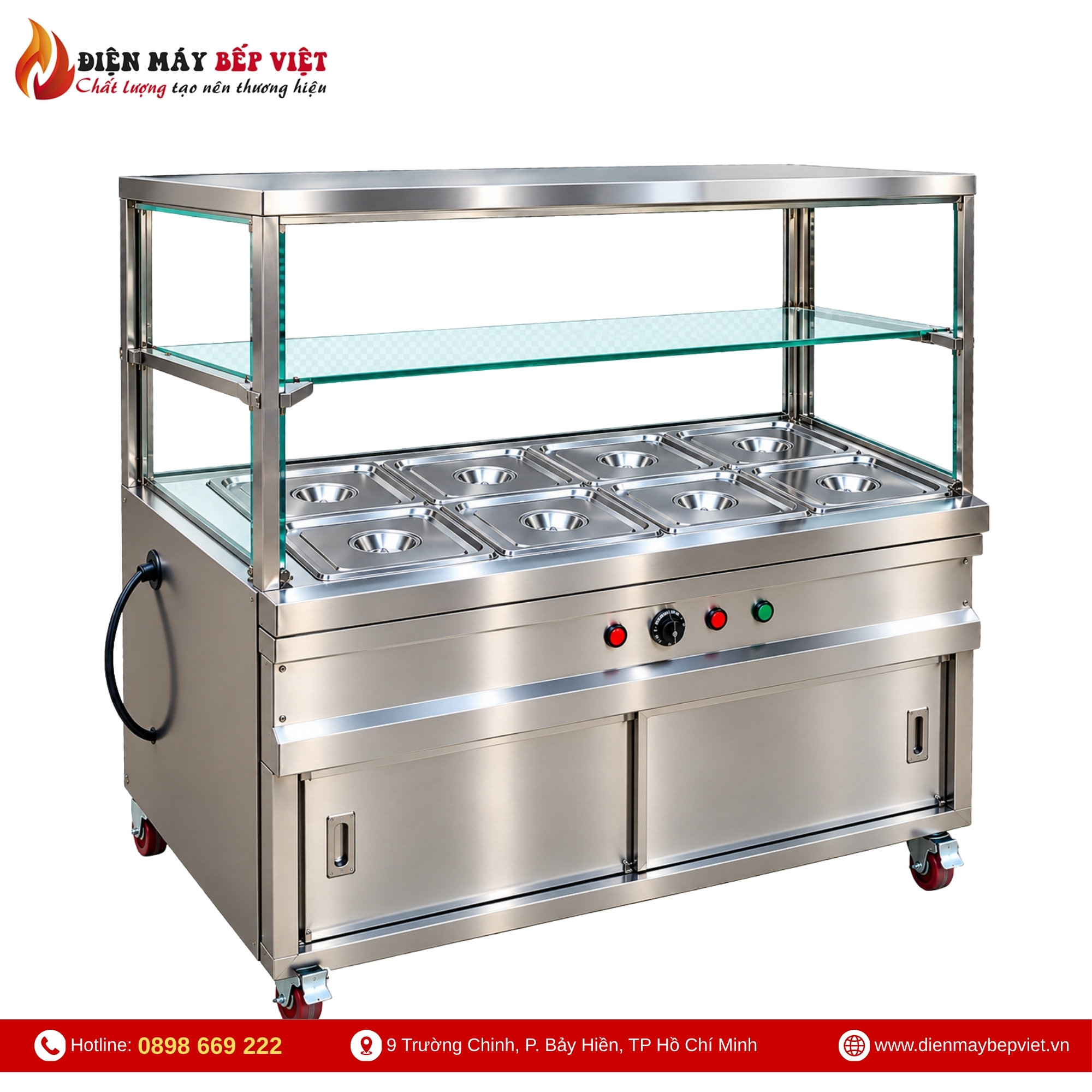 Tủ Quầy Giữ Nóng Thức Ăn 2 Hàng 8 Khay 1/2 Có Quầy Kính (Không Cánh Tủ)
