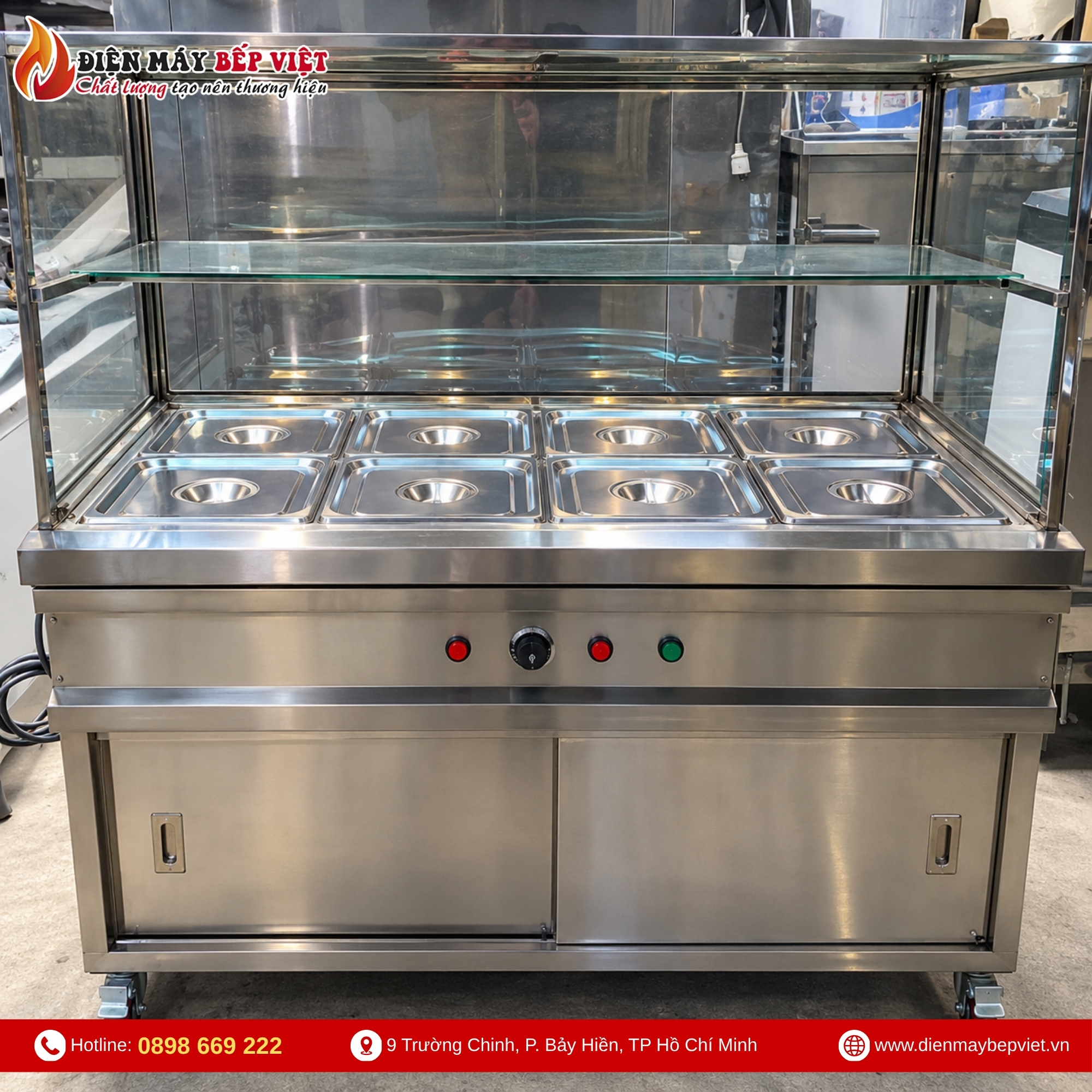 Tủ Quầy Giữ Nóng Thức Ăn 2 Hàng 8 Khay 1/2 Có Quầy Kính (Không Cánh Tủ)